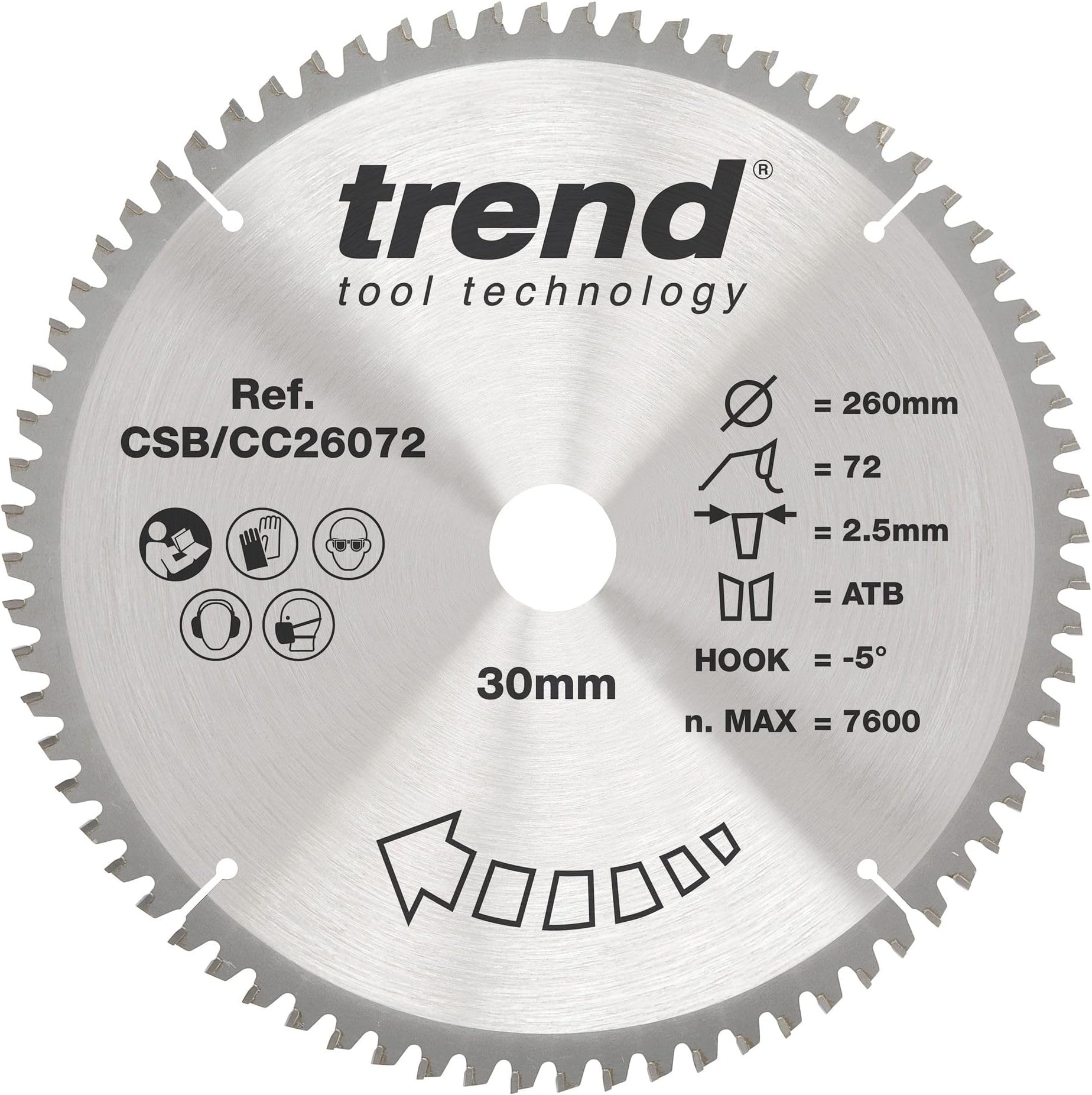 Trend Wood Mitre Saw Blade, 260mm Diameter, 30mm Bore, 72 Teeth, 2.5mm Kerf, -5° Hook, TCT, Extra-Fine Finish, CSB/CC26072