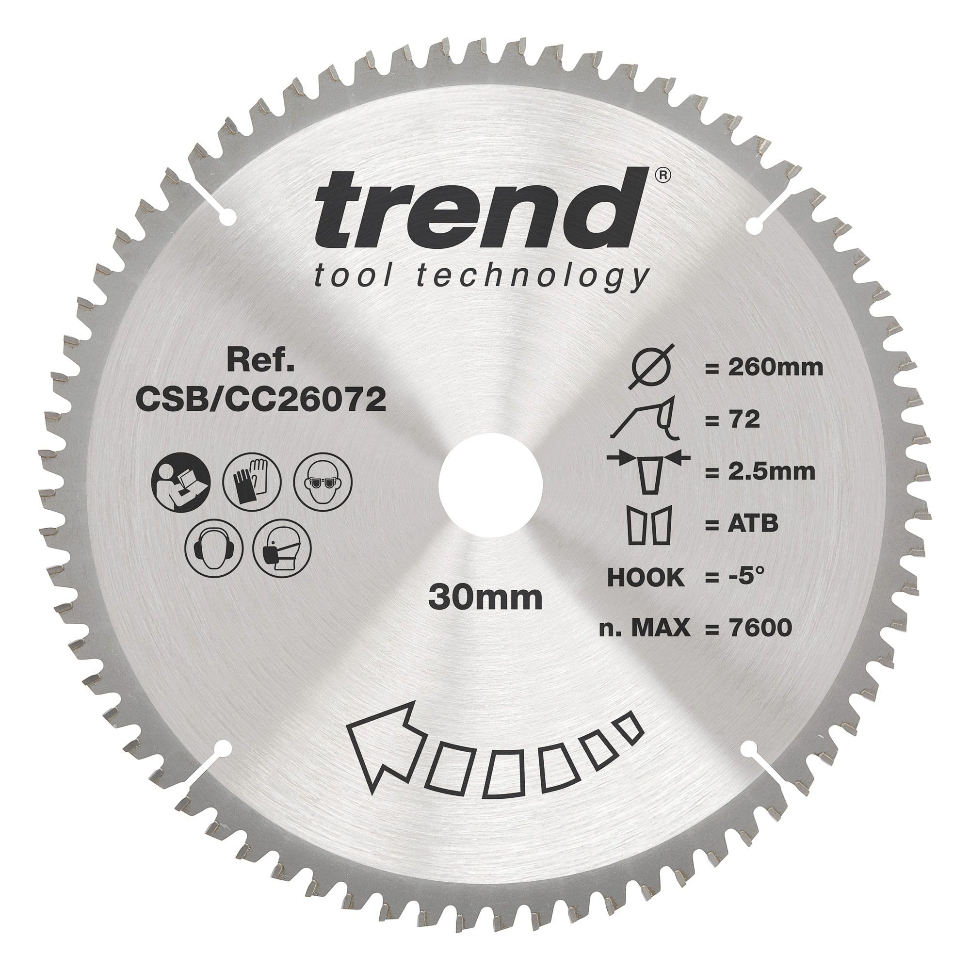 – Trend Wood Mitre Saw Blade, 260mm Diameter, 30mm Bore, 72 Teeth, 2.5mm Kerf, -5° Hook, TCT, Extra-Fine Finish, CSB/CC26072