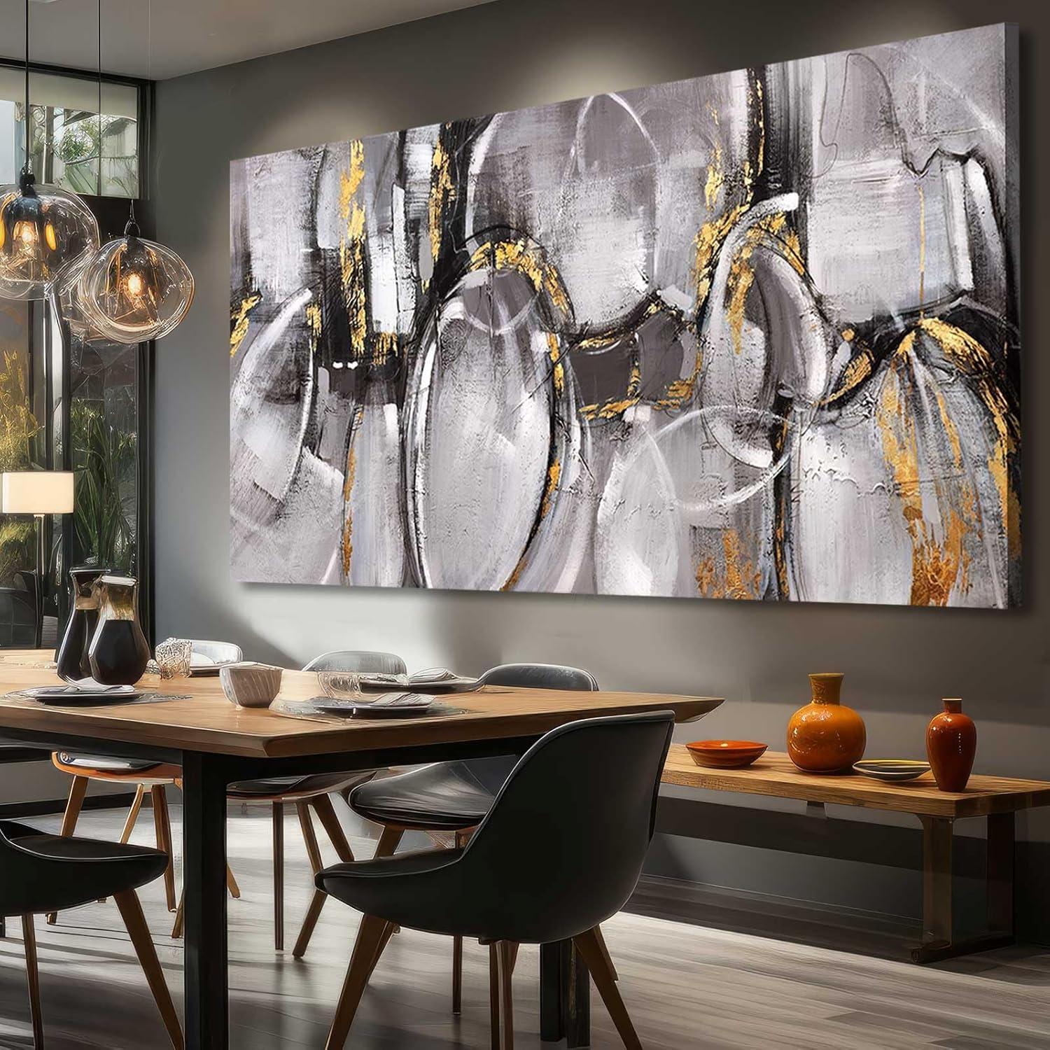 XIANSHOU Black and Grey Painting Pictures Abstract Wall Decor for Office 29x 58 Modern Artwork Gold Foil Wall Art for Living Room Dining Room Bedroom