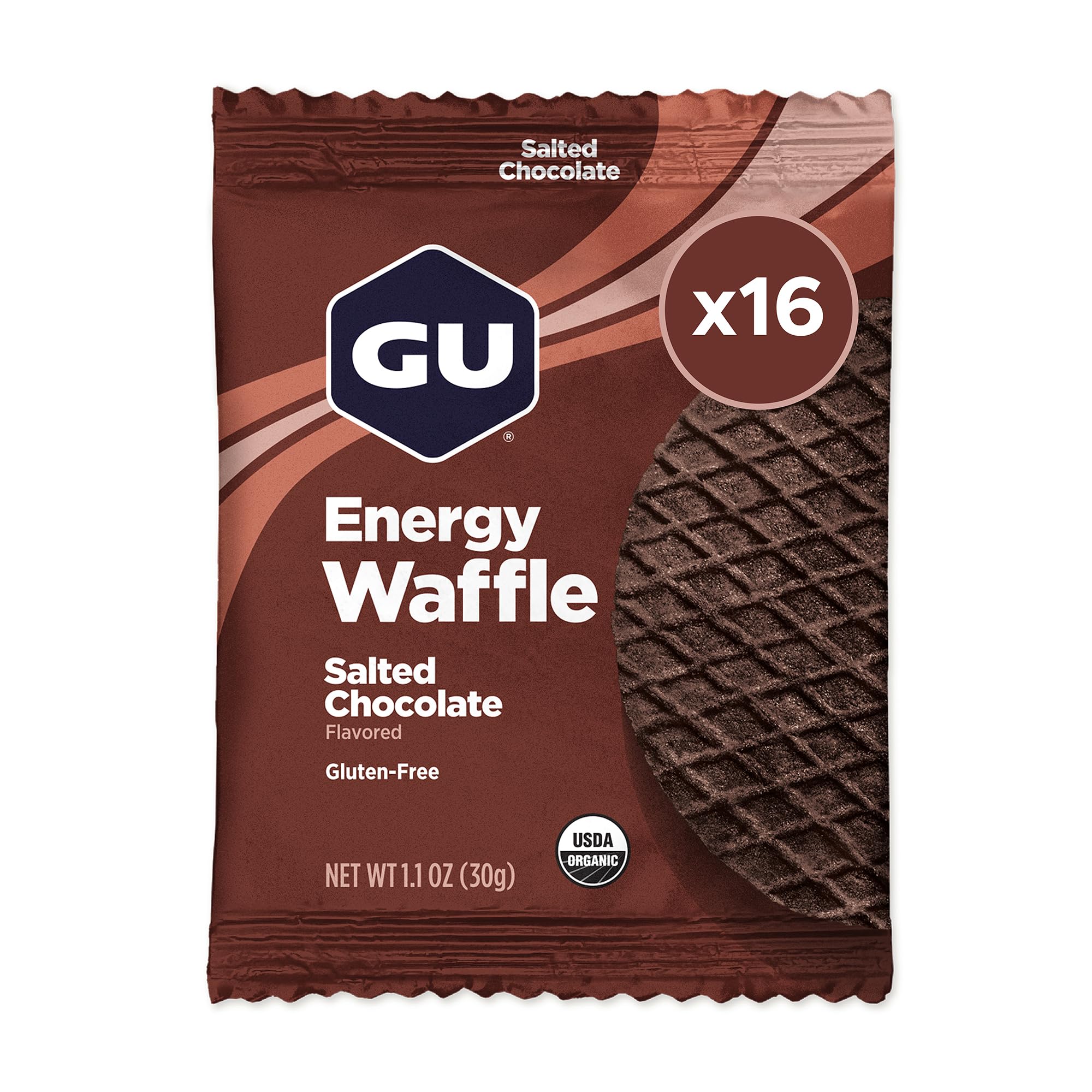 GU Energy Waffle esportivo Salted Chocolate, sem cafeína, sem glúten, kosher dairy, pacote com 16