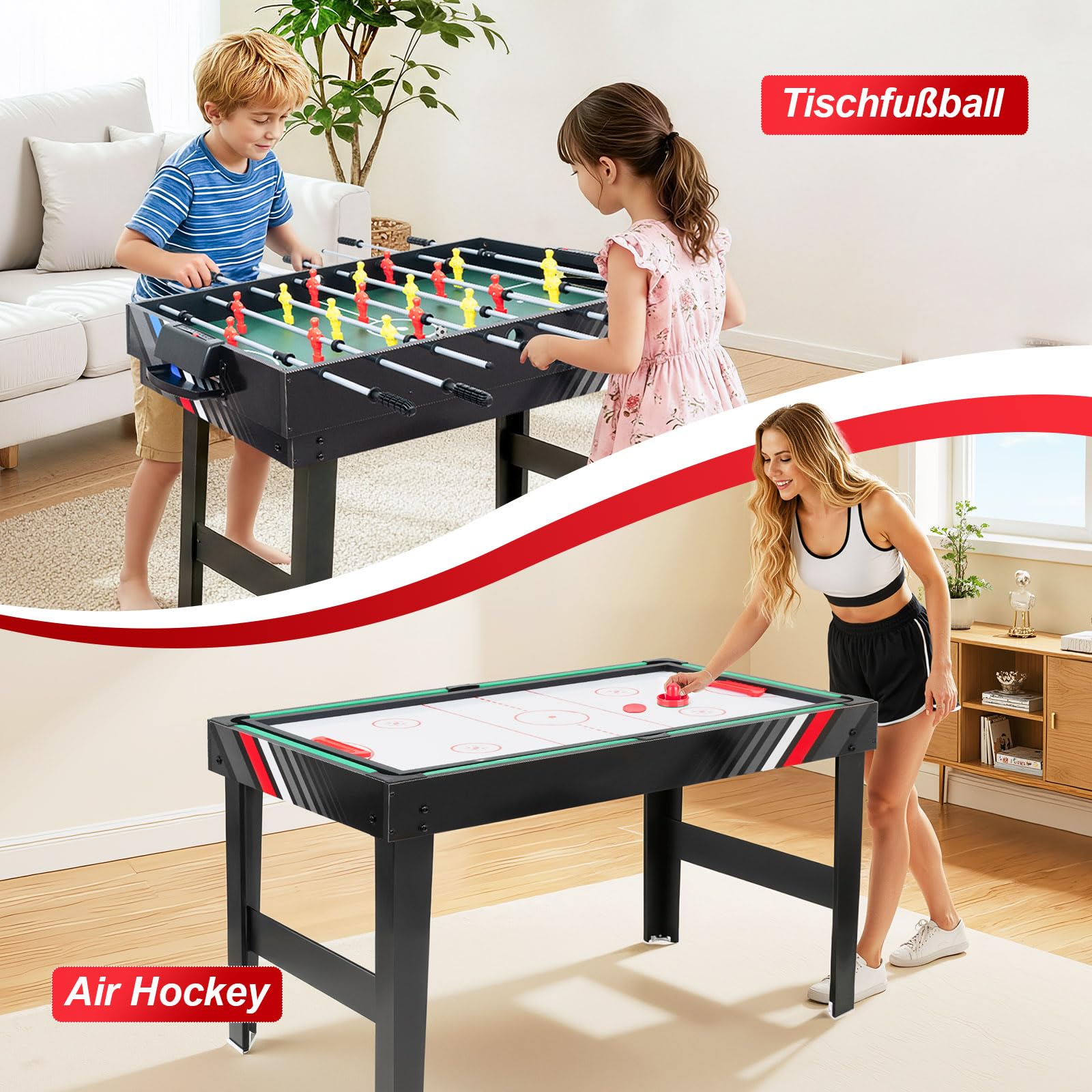 4-in-1 Multi Spieltisch, Multifunktionale Spieltische mit Tischkicker, Billard, Airhockey, Tischtennis, Multifunktionstisch Multiplayer Inkl. komplettem Zubehör, für Heimspielzimmer, Partybars, Kinder