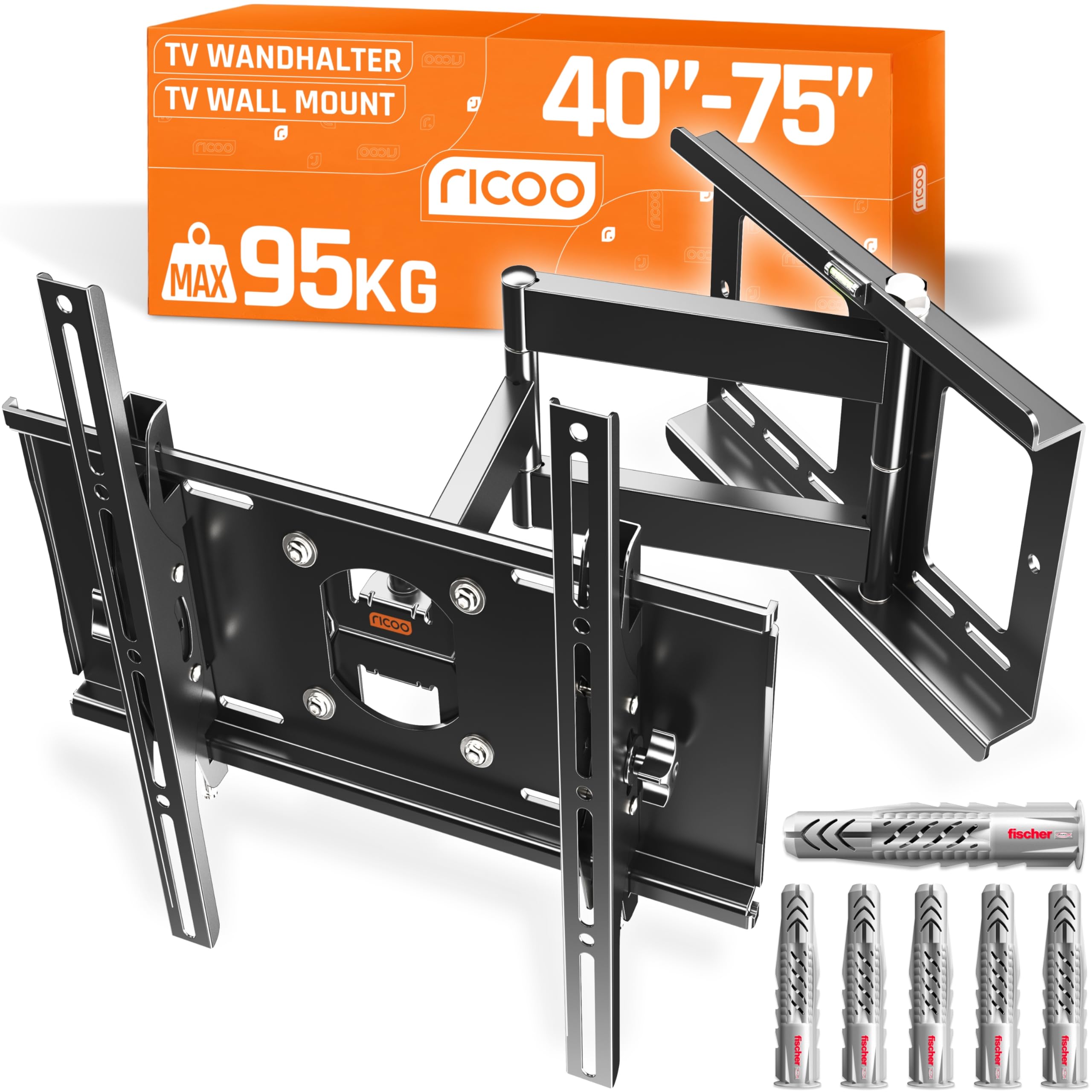 RICOO TV Wandhalterung Fernseher Halterung Schwenkarm mit Fischer-Dübel für 40-75 Zoll Bildschirm Flach OLED Fernsehhalterung für Wand R23-F Schwenkbar Neigbar Fernseh-Arm bis 95-Kg & VESA 400x400