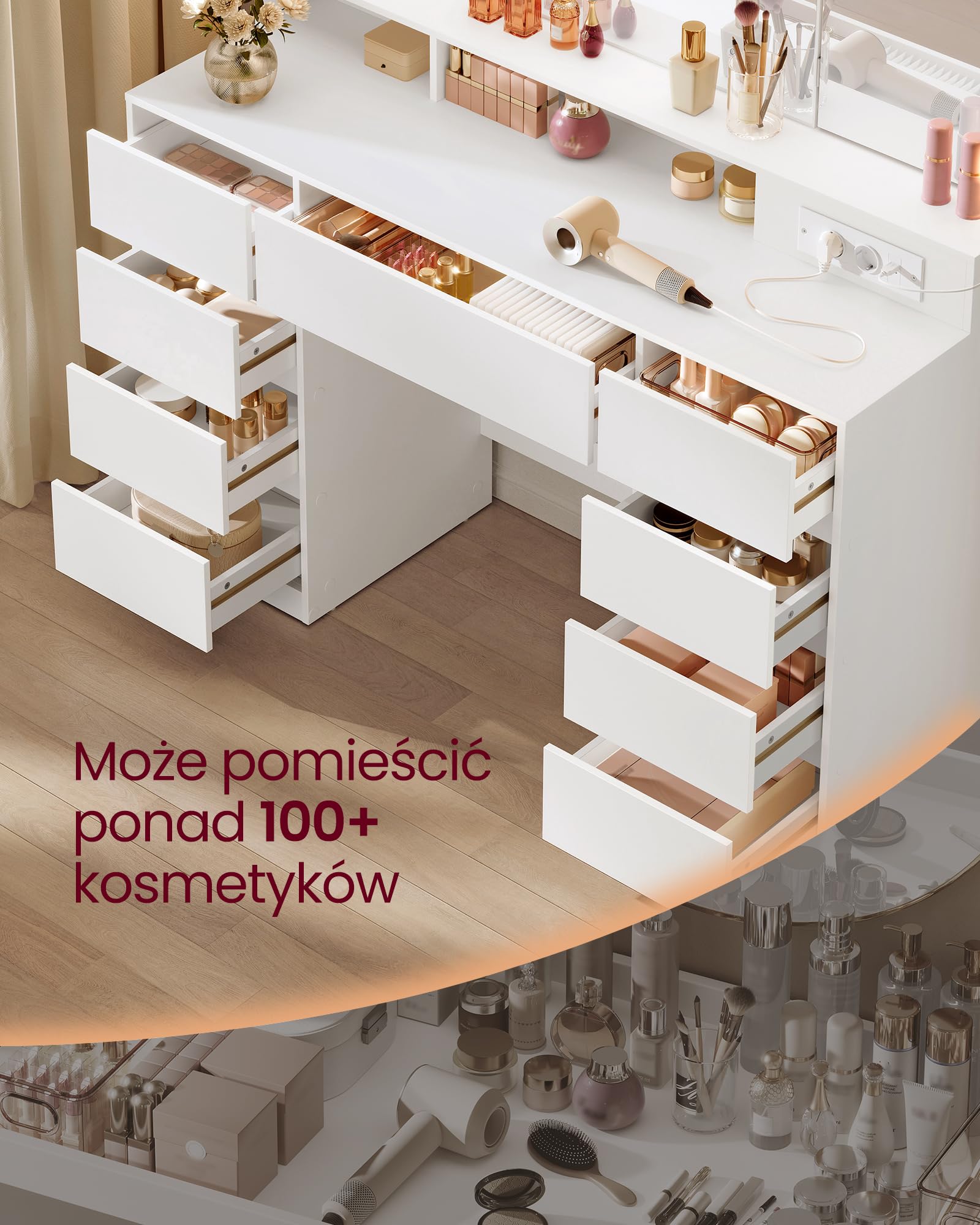 VASAGLE Duża toaletka z lustrem i gniazdkiem, regulowane oświetlenie LED, stół do makijażu z 9 szufladami nowoczesna toaletka, biała RDT146WB01