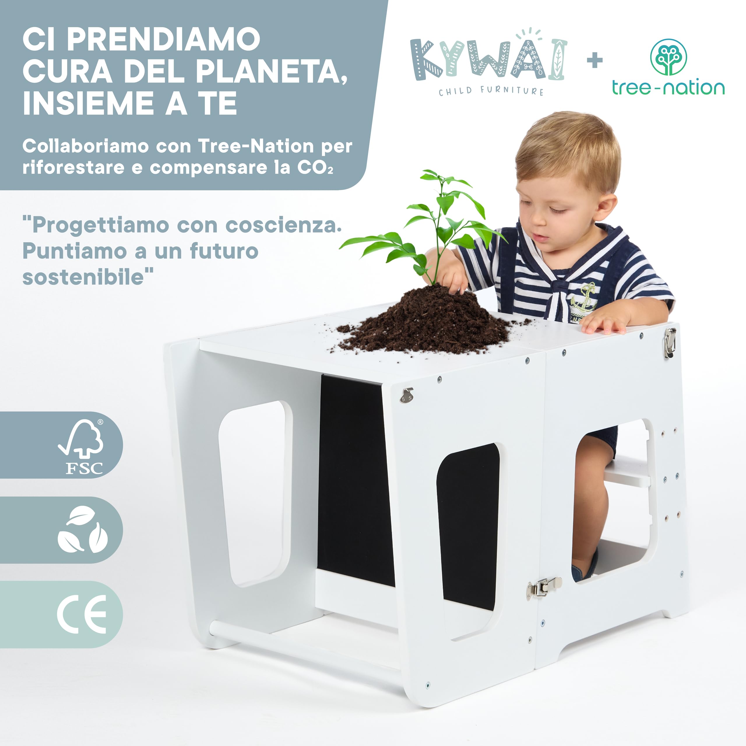 Torre Montessoriana Bambini Premium 3 en 1 Convertibile in Scrivania e Sgabello - Torre Montessoriana Pieghevole - Azienda Sostenibile Impegnata nella Riforestazione, Struttura Solida (Bianco)