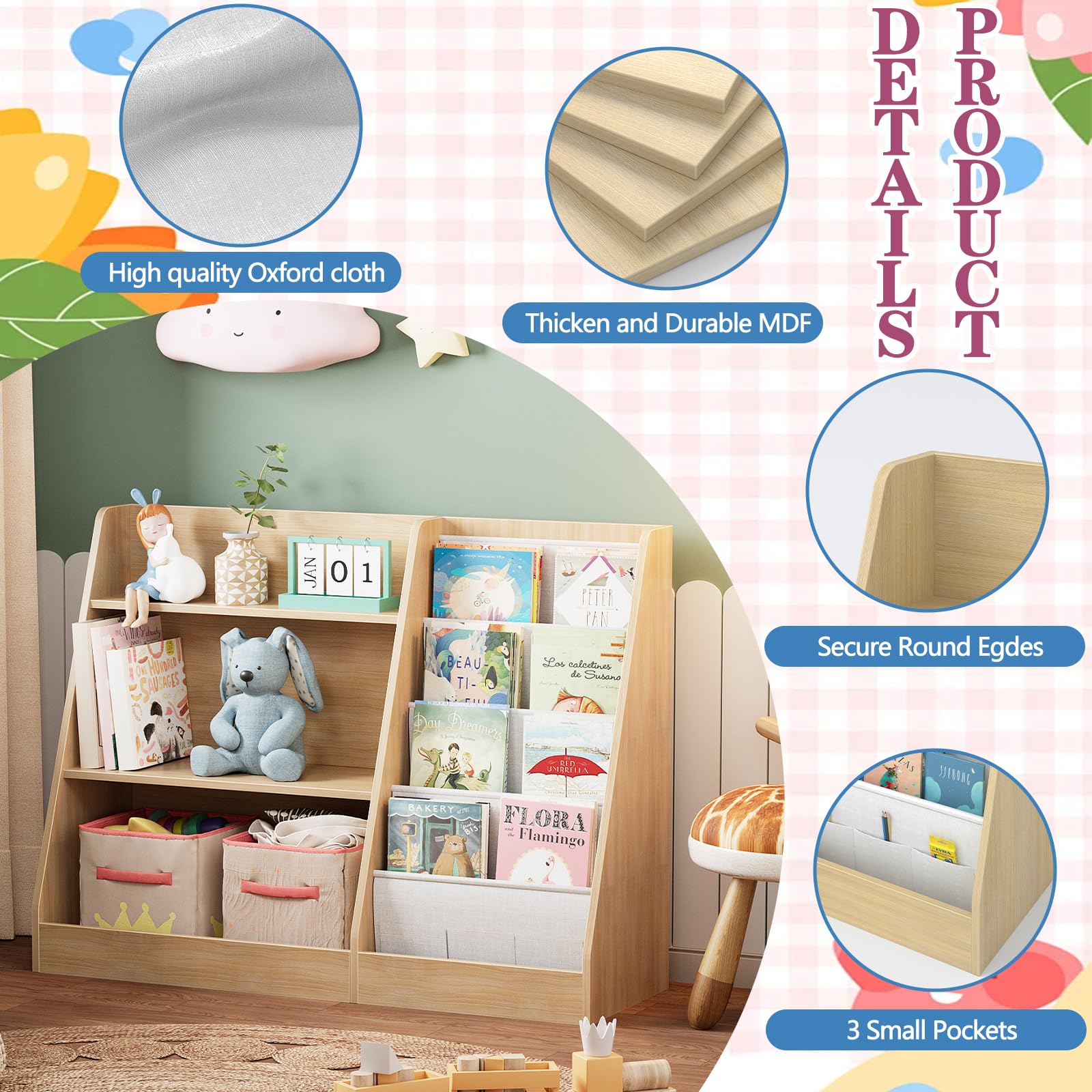 Garden 4 you Kinderregal,Bücherregal Kinder,Kinderregal mit 4 Ablage und 3 offenen Fächern,Bücherregal Kinderzimmer aus Naturholz -80 x 30 x 67.5 cm (Eiche)