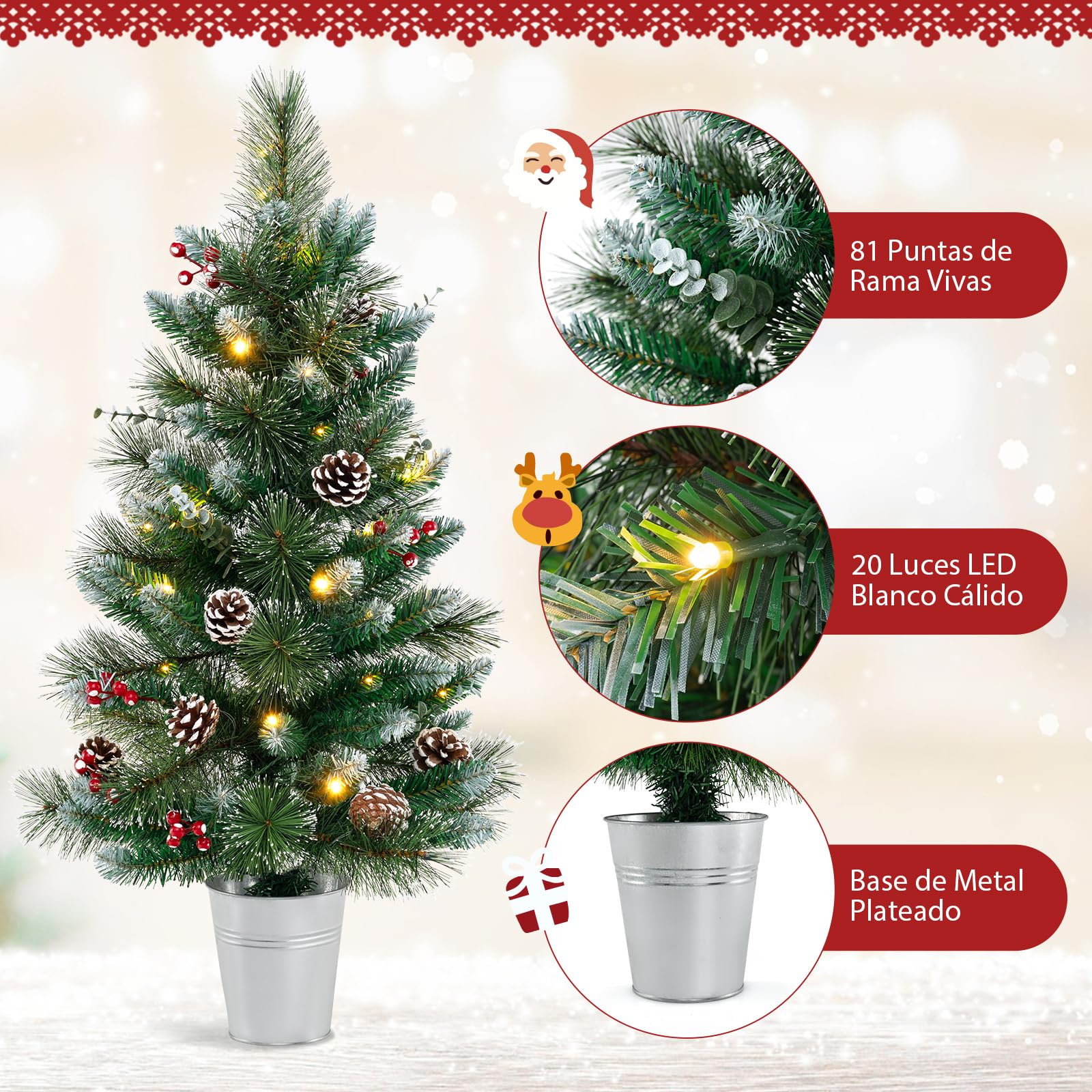 COSTWAY Mini Árbol de Navidad con Luces 90cm, 20 Luces Blancas Cálidas, 8 Modos, Temporizador, 81 Puntas de PVC y Pino, 5 Piñas y 8 Bayas Rojos, Árbol de Navidad Nevado Pequeño de Mesa/Escritorio