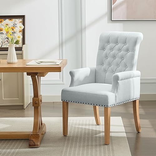 Silla de comedor de tela con brazos, sillas de comedor tapizadas con respaldo alto, sillón decorativo con patas de madera maciza y ribete de cabeza