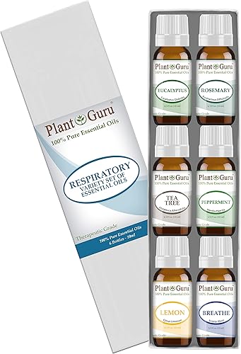 Juego de aceites esenciales respiratorios, paquete de 6 a 0.3 fl oz, kit variado 100% puro de grado terapéutico para sinusitis, difusor