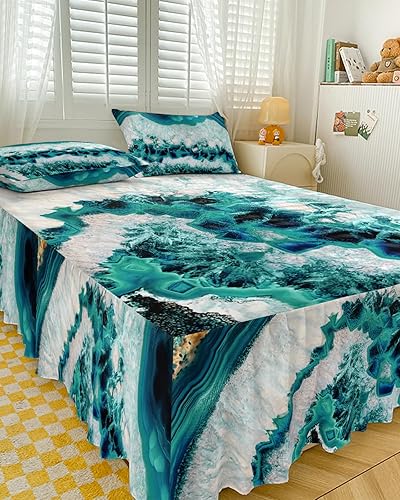 Miniatura 3 de Faldas de cama plisadas envolventes de ágata turquesa verde azulado para cama Queen de 60 x 80 pulgadas, arte abstracto geométrico de mármol