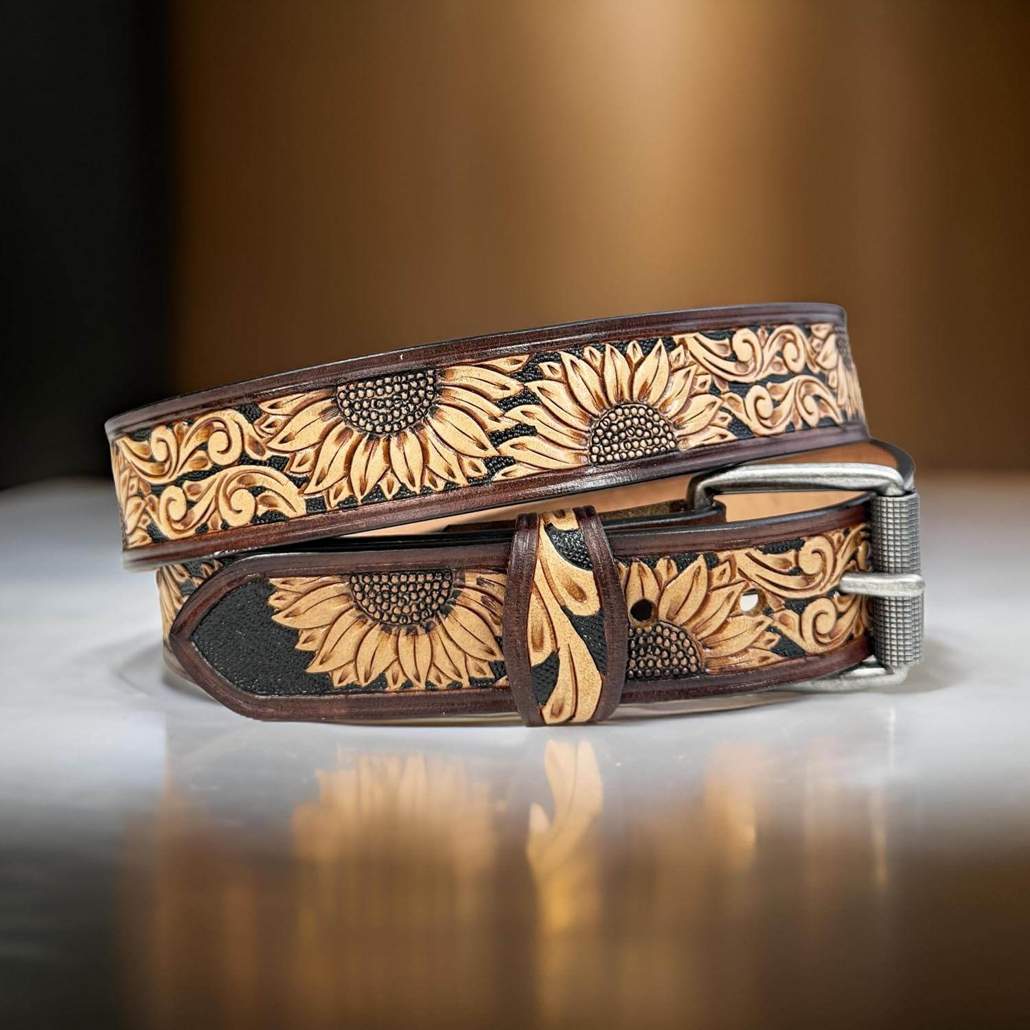 Western Sunflower Belt for Men Women Full Grain One Piece Leather Handmade Belt with Buckle 1.5” Wide Tooled Embossed