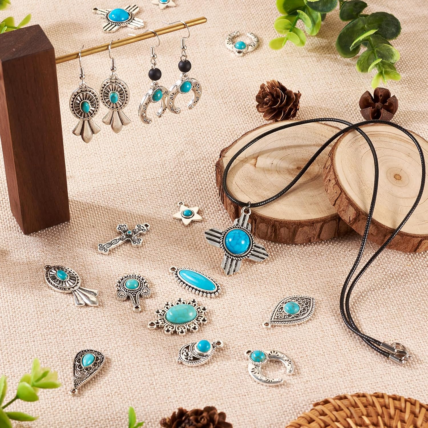 Beadthoven 48pcs Turquoise Charms Western Charms for Jewelry Making Tibetan Silver Turquoise Stone Pendants for Bohemian Earring Necklace Making DIY Crafts Summer - Image 6