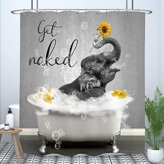 LIGHTINHOME Funny Elephant Shower Curtain 72Wx72H Inches Boho Get Naked Cute Animal Duck Bubble in Bathtub Kids Sunflower Rustic Cloth Fabric Waterproof Polyester Bathroom Home Decor Set with Hooks