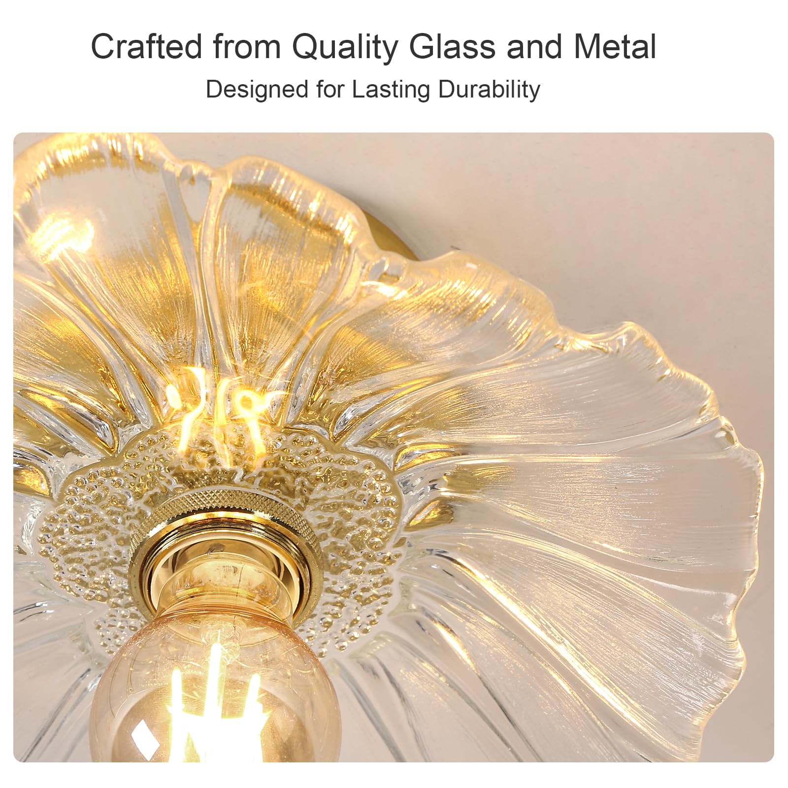 Comely Lámpara de Techo Dorada E27 – Diseño Flor Dorada de Cristal Transparente – Plafón de Techo para Pasillo, Dormitorio o Salón (Bombilla no incluida)