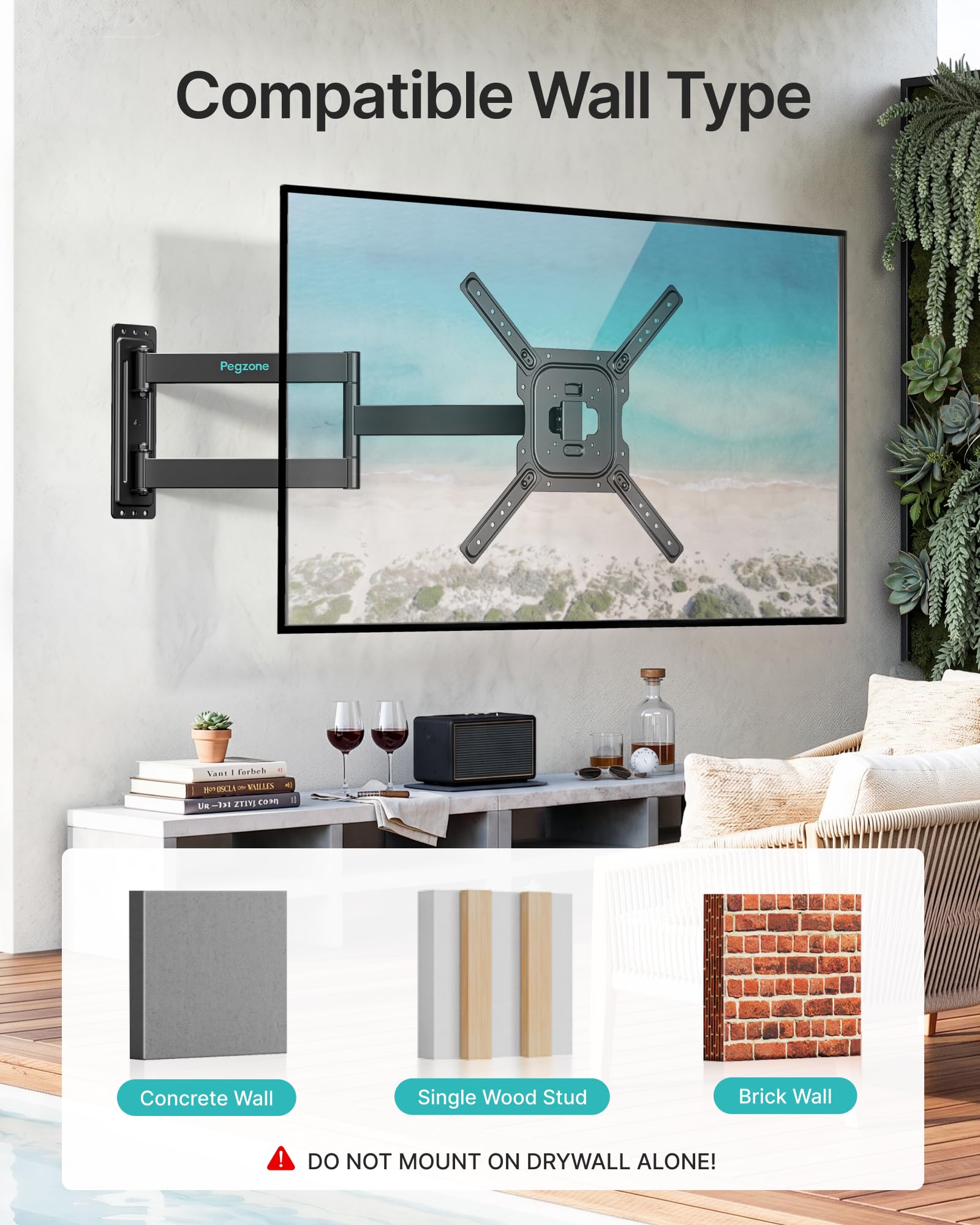 PEGZONE Supporto da parete per TV a maniche lunghe, 63-792 mm, per TV da 23-75", fino a 50 kg, max. VESA 400 x 400 mm, orientabile