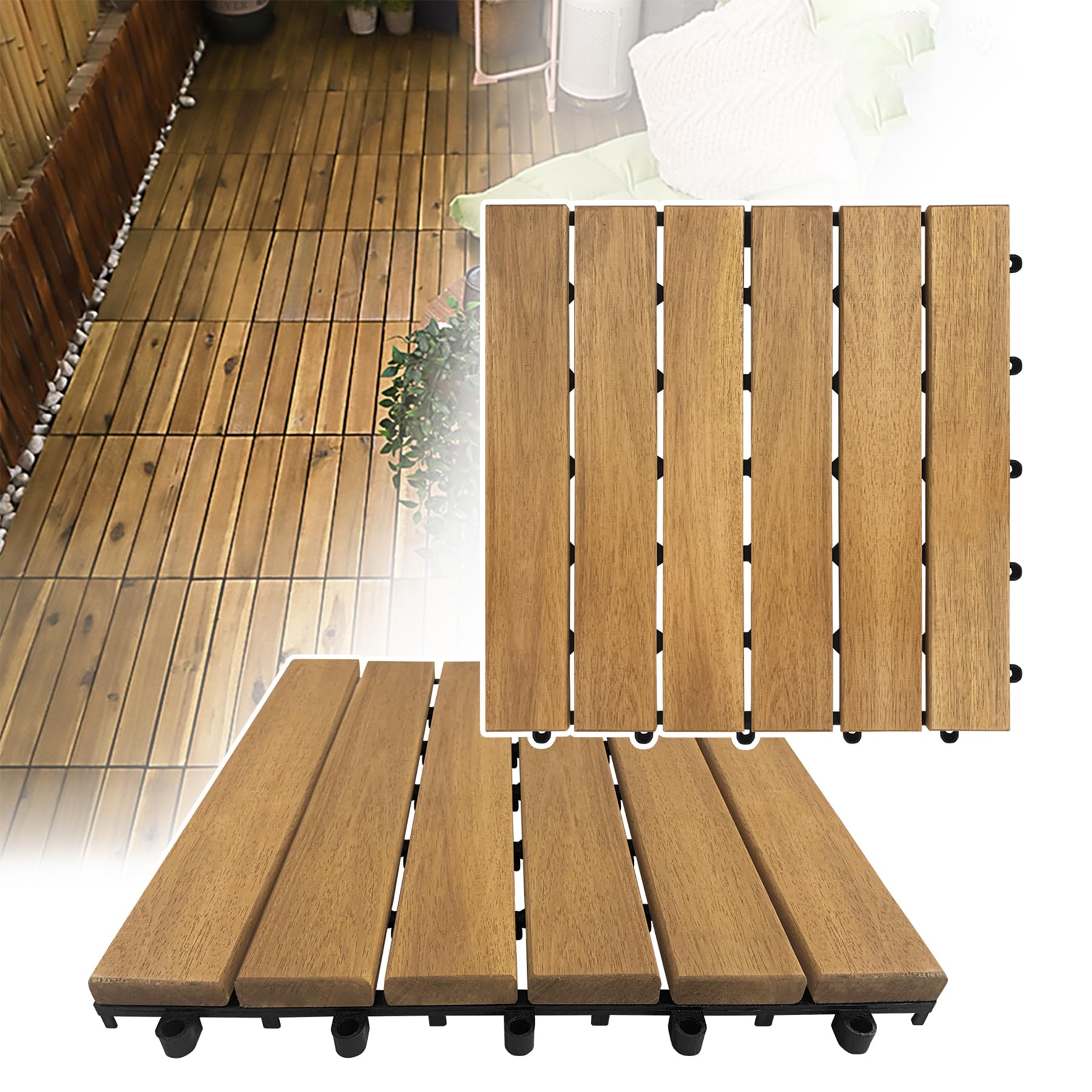 Froadp Suelos de Madera Acacia para Exterior, 30x30cm Baldosas para Terrazas, Cubiertas de Jardín impermeables con Sistema de Drenaje, Piso Antideslizante Tablas para Balcón Piscina Patio(5m², Tipo A)