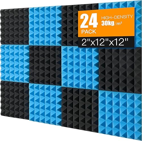 Paneles de espuma a prueba de sonido para pared, paquete de 24 paneles acústicos absorbentes de sonido de 2 x 12 x 12 pulgadas, espuma insonorizada