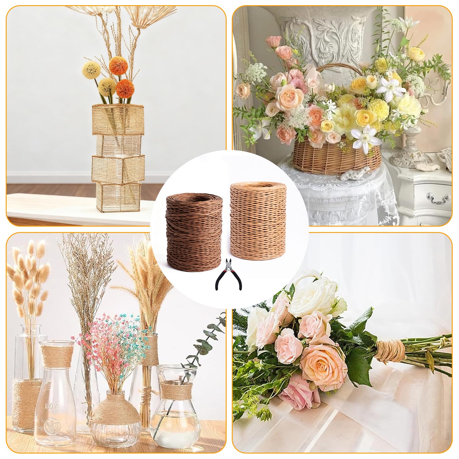 2 Pezzi Fili di Carta 200M+200M con Tronchese, Filo di Ferro Rivestito in Carta 2mm in Colore Kraft Naturale e Marrone Scuro, Filo per Fiori, Ghirlande, DIY e Confezioni Regalo