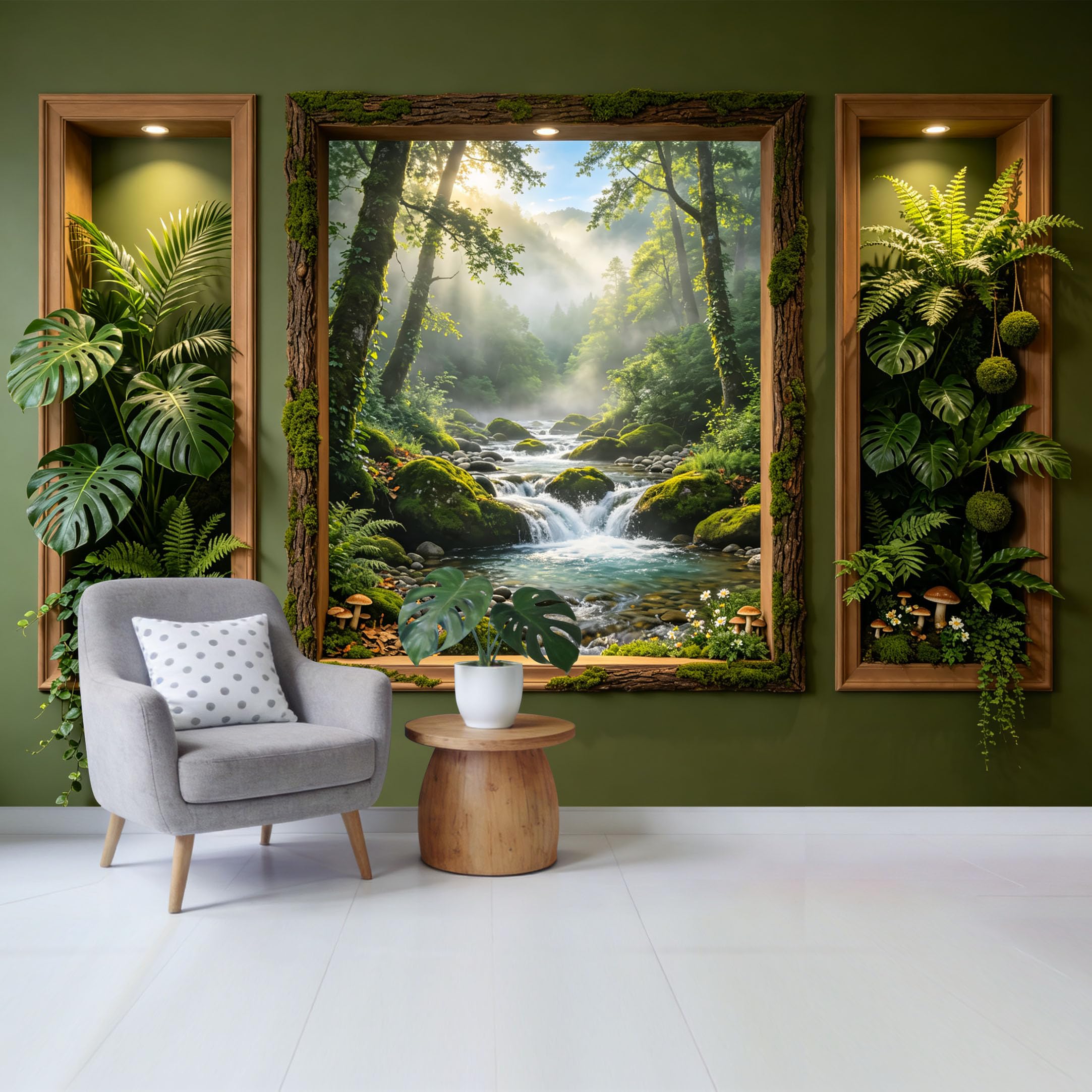 Custom Size Wall Mural Forest Waterfall Landscape with Lush Greenery and Sunlight Stream Removable Self Adhesive Fabric， Home Wall Decor for Living Room Bedroom Bathroom