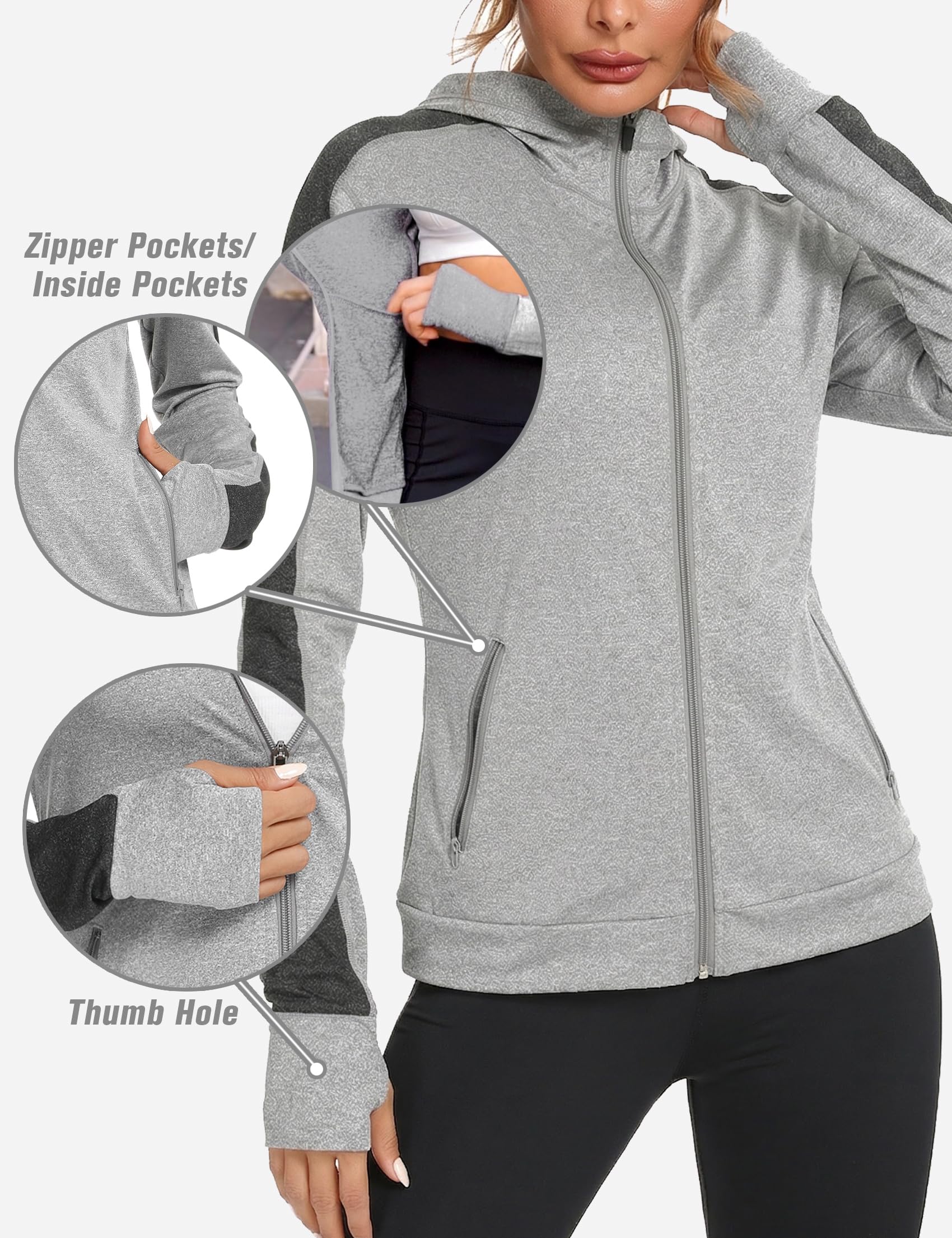 Damska kurtka do biegania, sportowa kurtka z długim rękawem, kurtka treningowa, bluza z kapturem, oddychająca, z otworem na kciuk i kieszenią, do biegania, jogi, fitnessu, szary, M