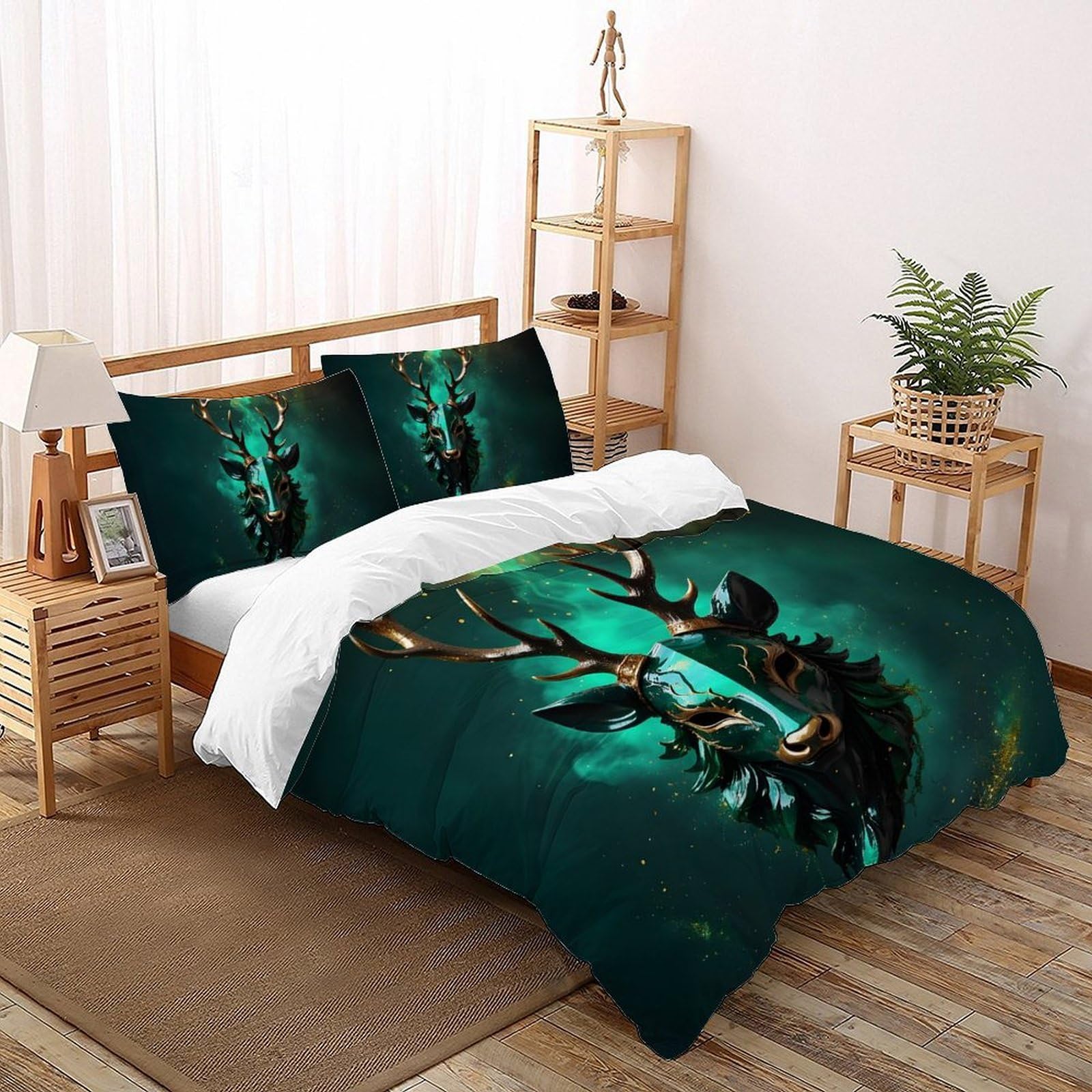 SHOVERKD Green Stag 3D Printed Quilt Cover Set Bedding 3Pcs Luxury Microfiber Wild Land Animal with Pillowcases,Hidden Zipper for Boys And Girls Double（200x200cm） Modern Home Decor