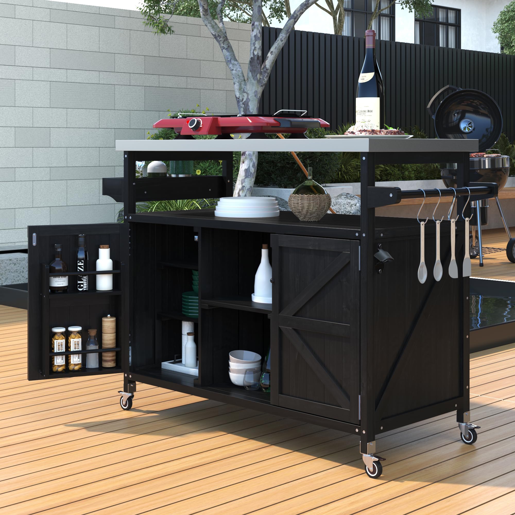 66.5" Outdoor Kitchen Island Grill Cart for Large Big Green Egg & Kamado Joe,Rolling Grill cart with Storage,Stainless Steel Top,Compatible with 21-22 inch Tabletop Grills (Black, 66.5 inch) — view 2