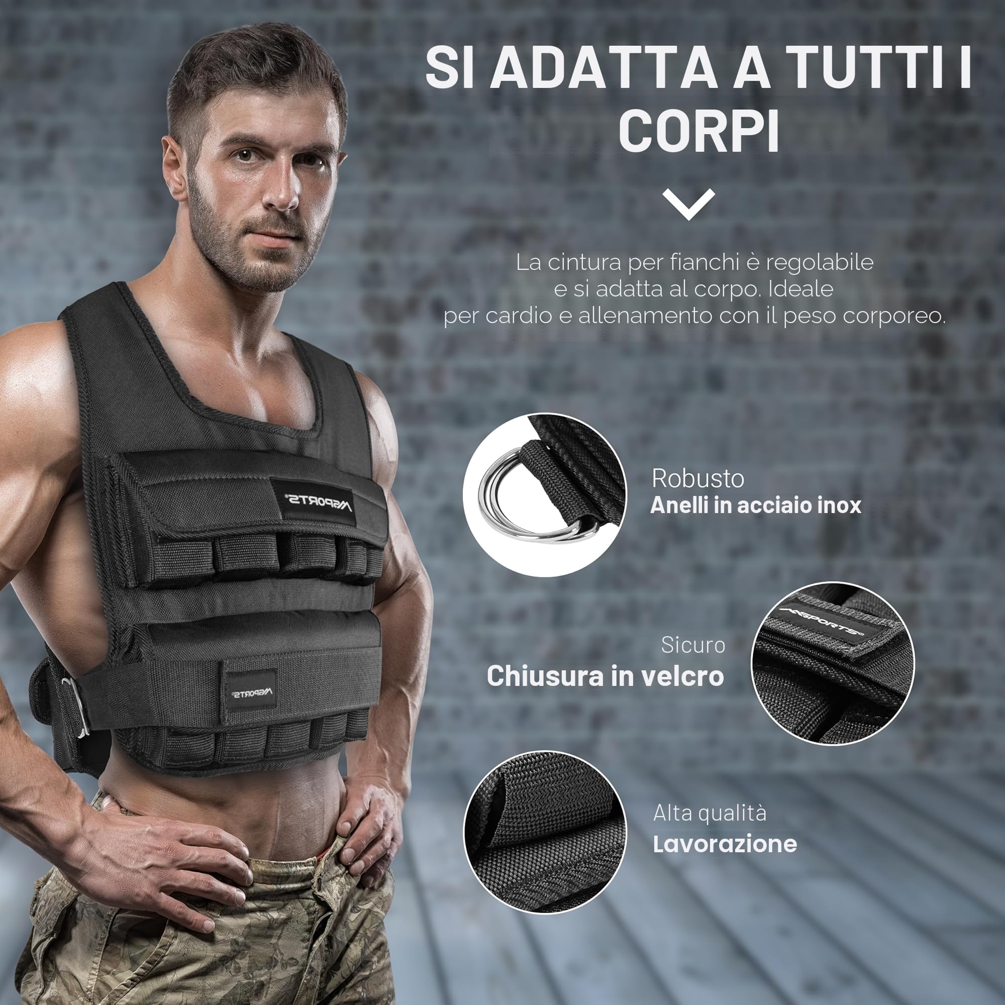 MSPORTS Gilet pesi premium regolabile da 5 kg – 30 kg di peso per allenamento della forza