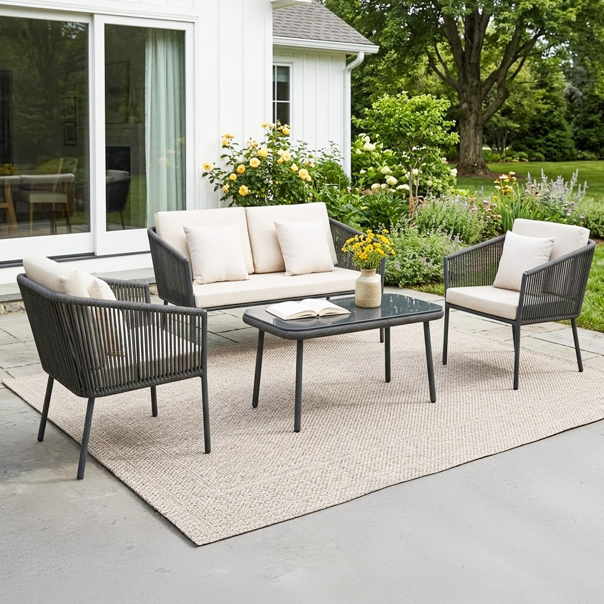 DEVOKO Aura 4 Seater Outdoor Rope Sofa Set with Comfortable All Weather Resistant Cushions and Glass Top Center Table for Garden, Patio, Poolside Area (Grey &Off-White)