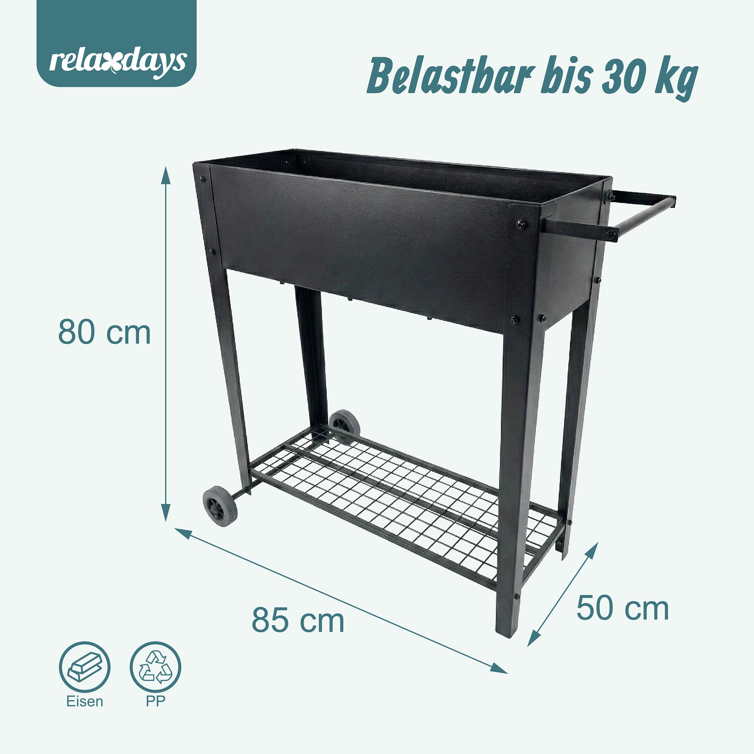 Relaxdays Hochbeet, Gitterablage, 2 Räder, Garten, Balkon & Terrasse, HxBxT: 80 x 85 x 50 cm, mobiles Tischbeet, schwarz