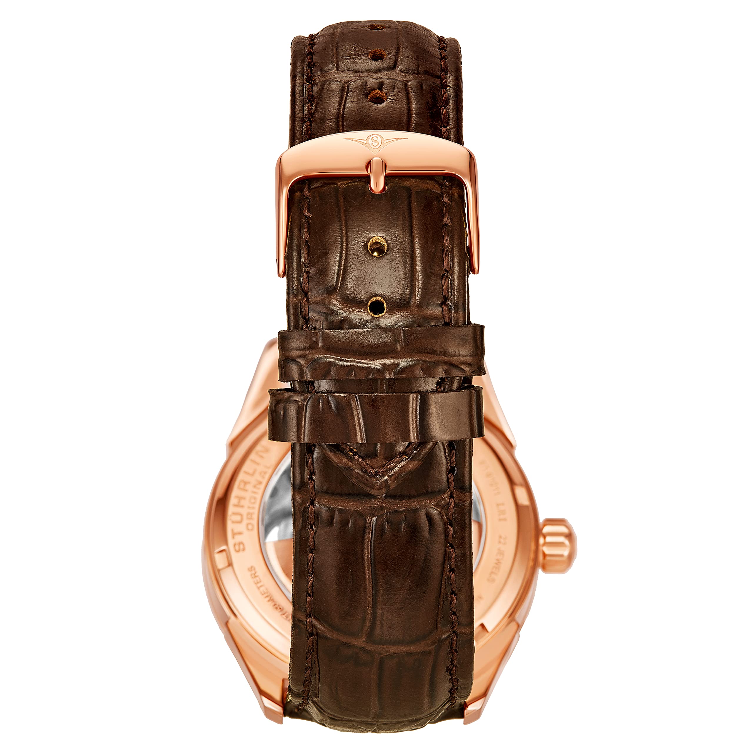 Stuhrling Original Skeleton Dress Analoguhr für Herren, automatische mechanische Armbanduhr, vergoldet/Edelstahl, Armband aus echtem Kalbsleder