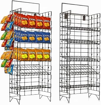 Chip Display Rack, Concession Stand Commercial Grade Metal, 5 Adjustable Wire Shelves and 48 Clips, Candy Display Rack Snack Stand, 18x14x60