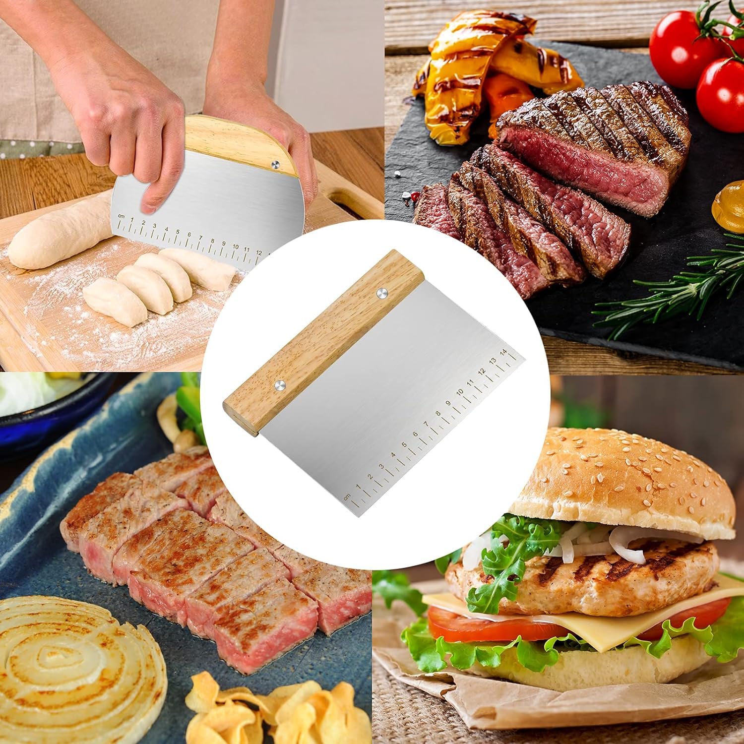 TINMIX Grattoir à Pâtisserie Manche en Bois avec Echelle de Mesure, Coupe-Pâte pour Faire des Pizzas, des Pâtisseries, des Crêpes, pâte à pain, Grattoir en acier inoxydable Semi-Circulaires