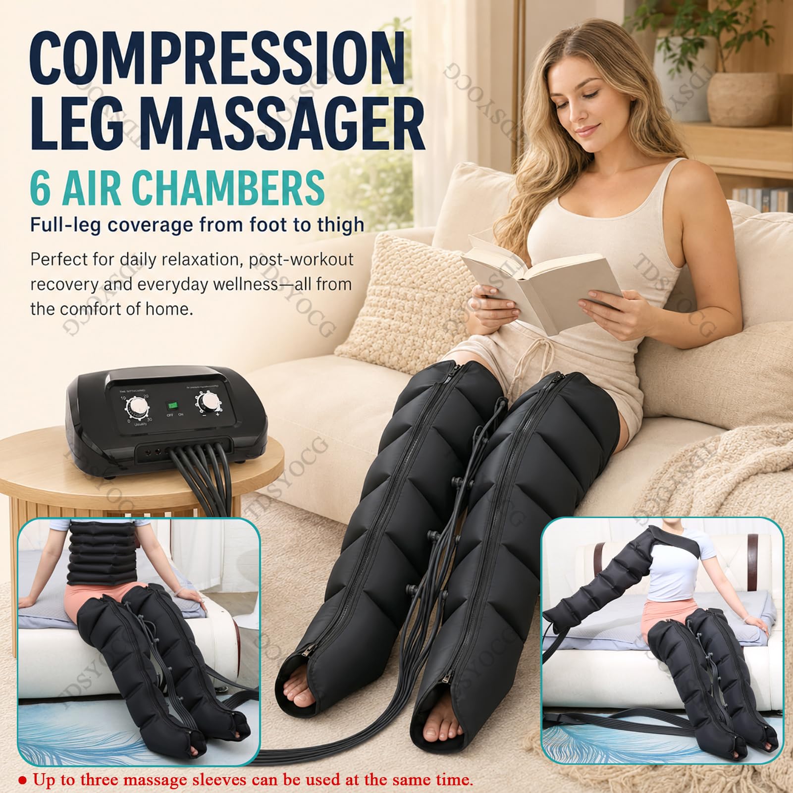 Botas Presoterapia Piernas y Abdomen para Casa con 6 Camaras | Máquina de Presoterapia Profesional para Casa, Masajeador Drenaje Linfático Circulación, 0-30 Min, 30-240 mmHg Ajustables