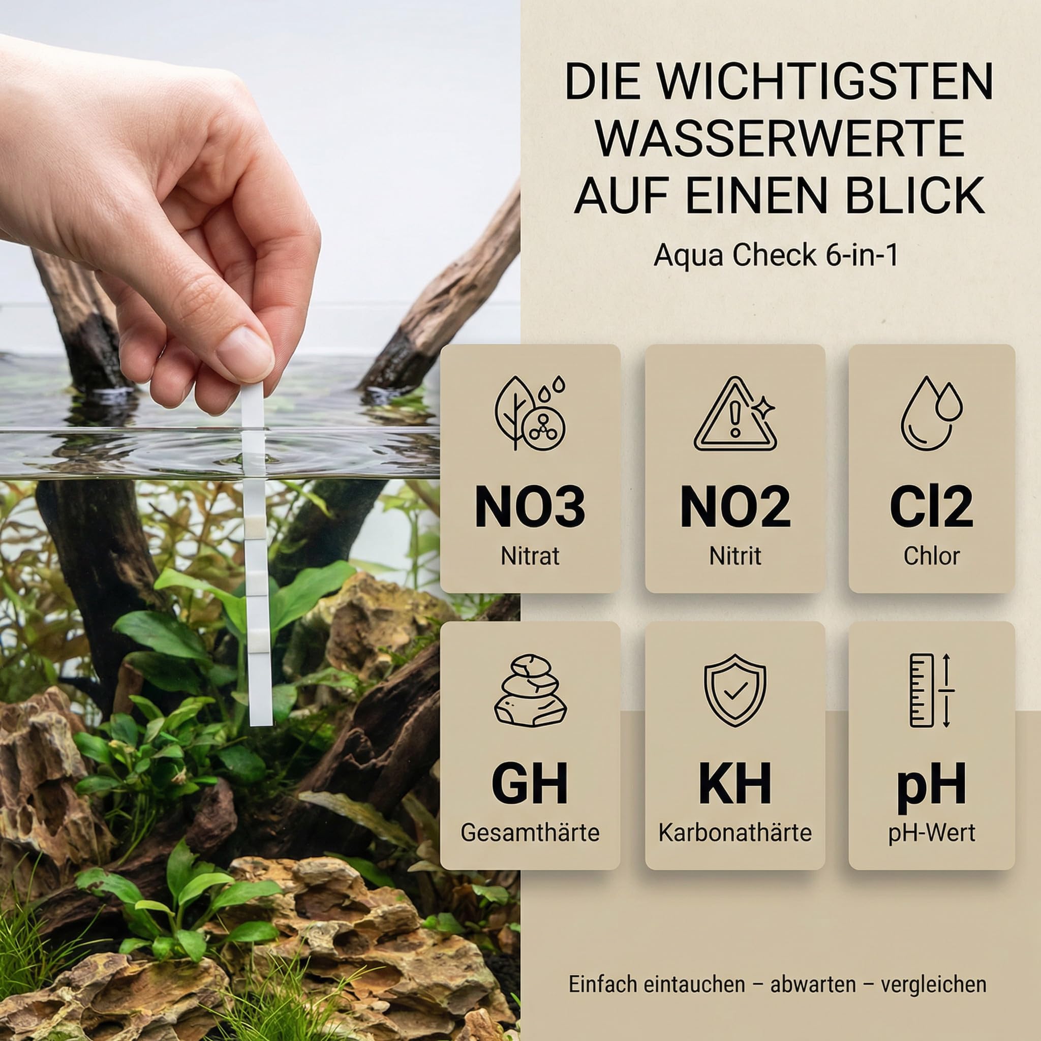 NatureHolic Paski testowe do akwarium 6 w 1 – szybki test azotynów, azotanów, chloru, pH, całkowitej twardości i twardości węglanowej – do akwarium, basenu z krewetkami i świeżej wody