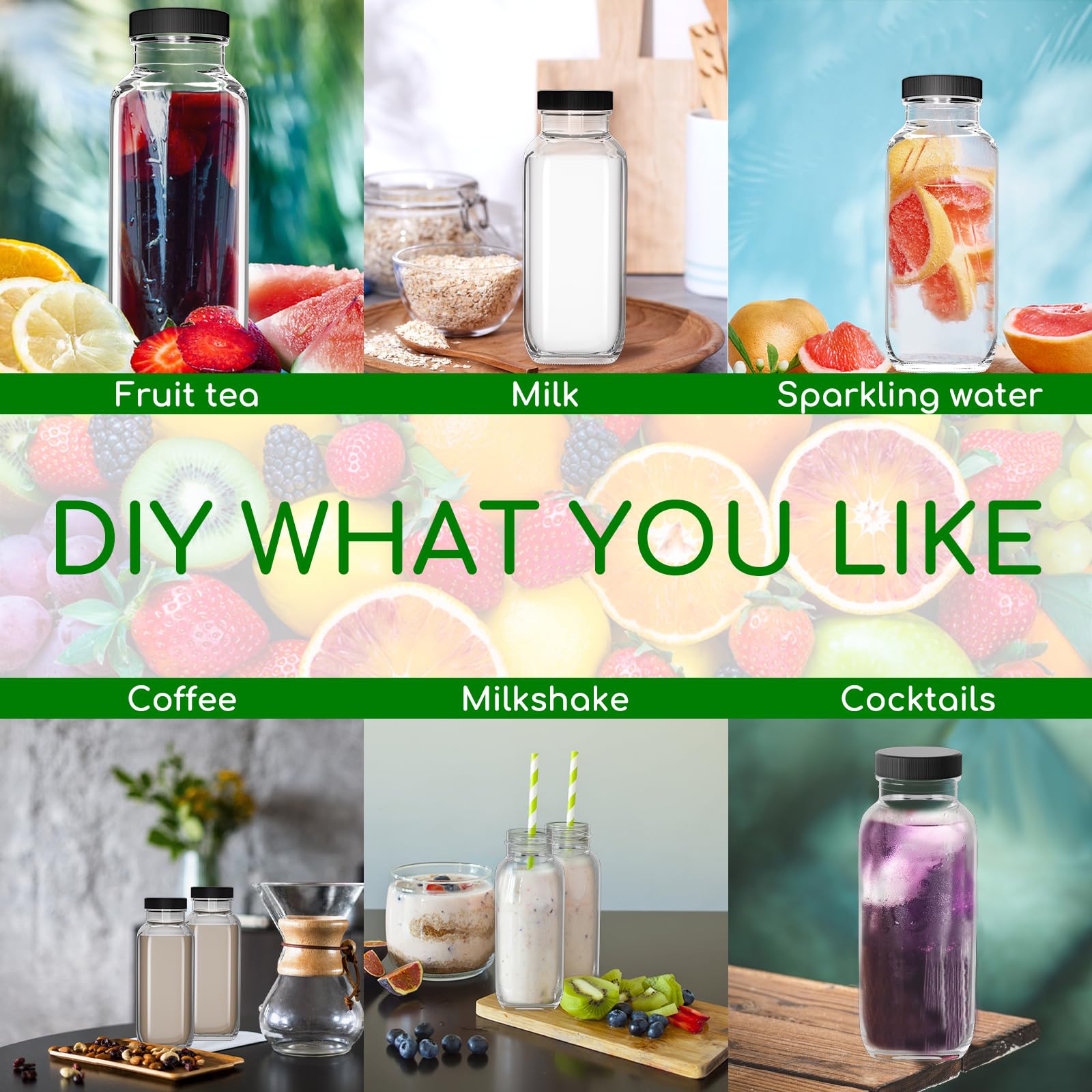 Paquete de 3 botellas de agua cuadradas de vidrio de 16 onzas, capacidad de 480 ml, sin BPA, herméticas, reutilizables, ideal para café helado, jugo, leche, batidos, té, kombucha