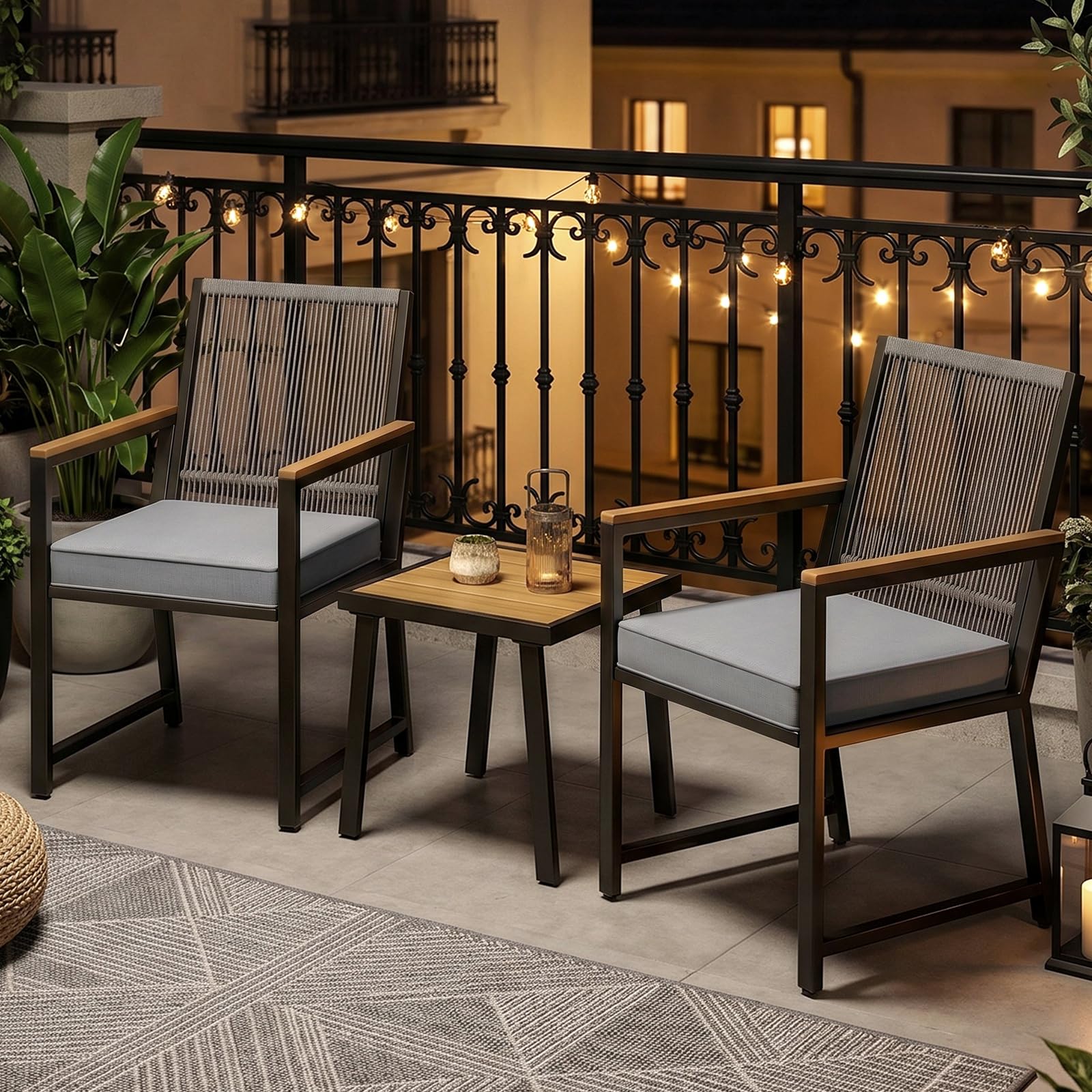 LIFERUN 3 teilig Gartenmöbel-Set aus Rattan, Gartenmöbelgruppe, 2 Gartenstuhl Rattan mit Tisch, Bis 160 kg, witterungsbeständig, WPC Armrest, Terrassenmöbelset, für Terrasse, Garten, Veranda, Grau