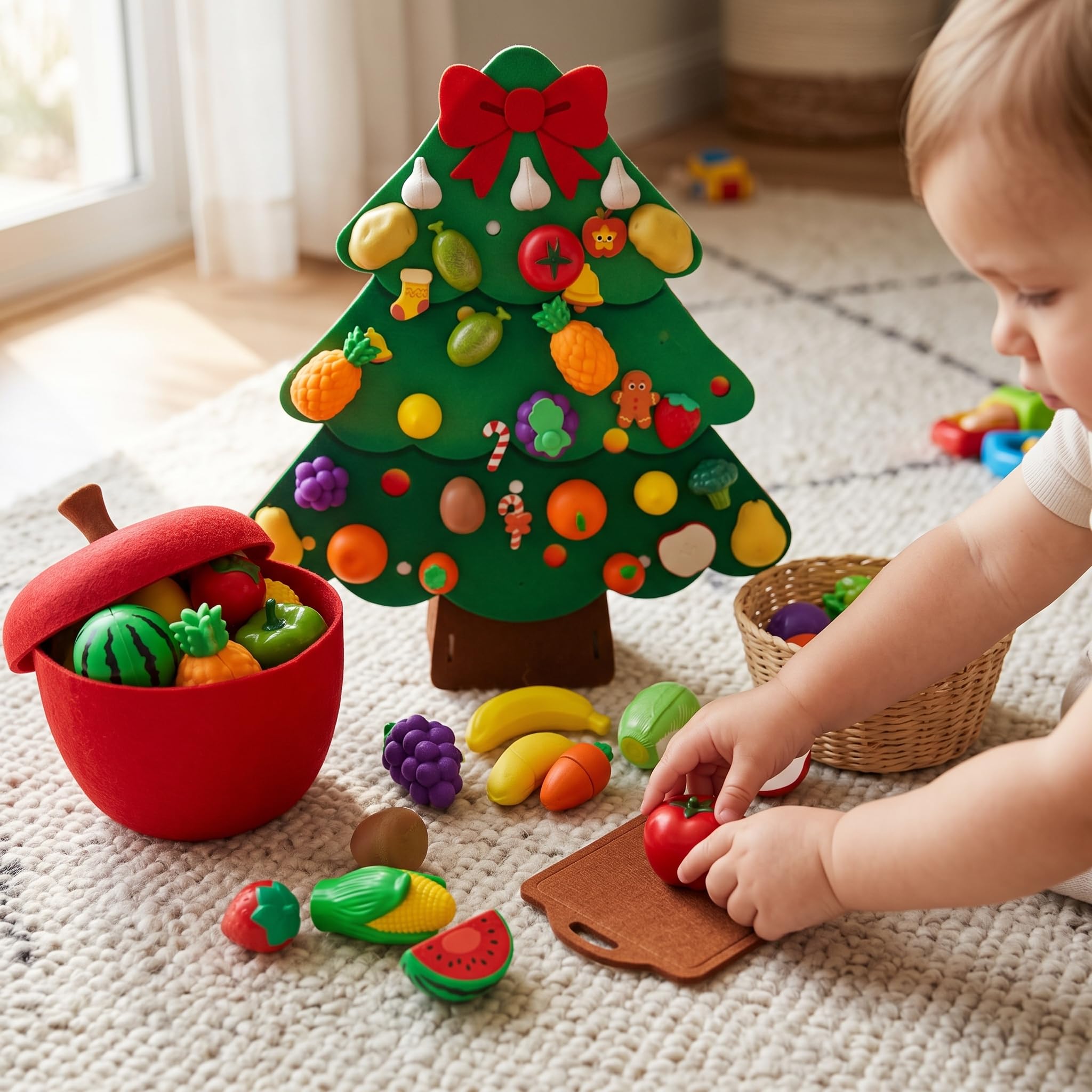 Filz Busyboard für s und, Pädagogisches Lernspielzeug und tafel, mit Obstmotiv, Grüner großer Weihnachtsbaum + 32 Apfel-Eimer-Schneidespielzeuge, 75 * 60 cm