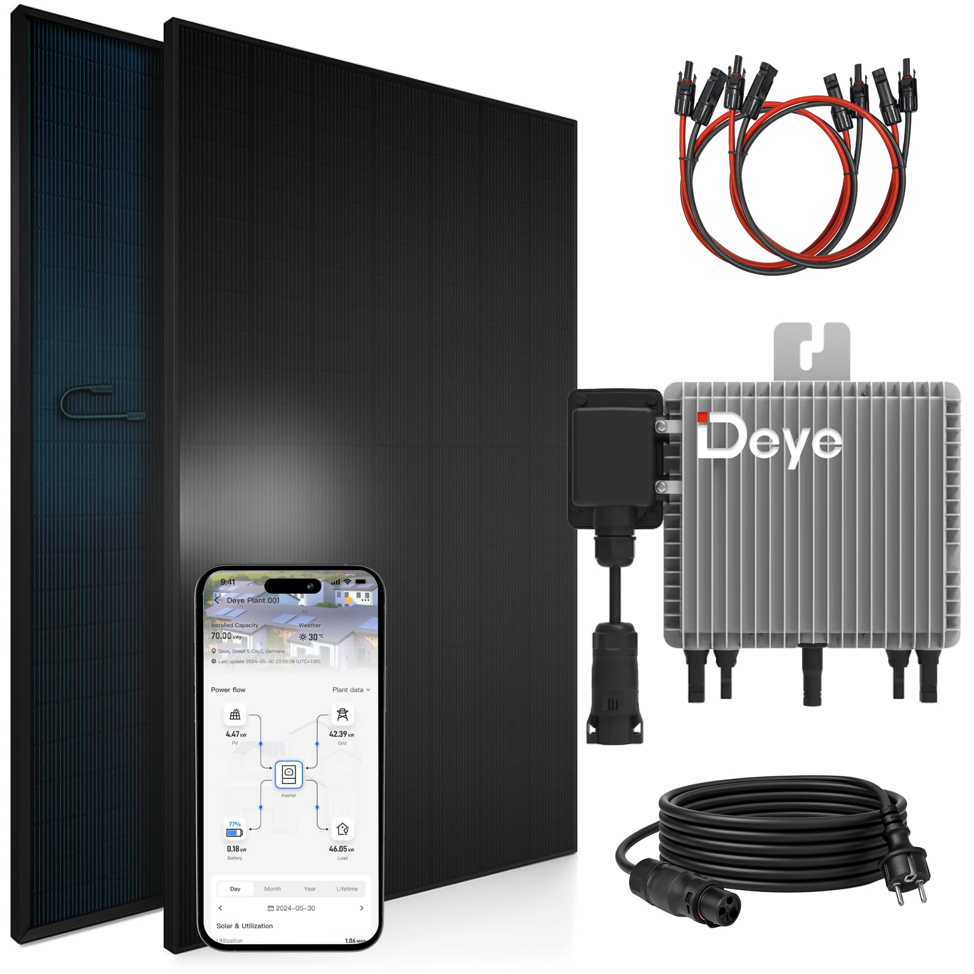 SUNNIVA® 920W Balkonkraftwerk BIFAZIAL FULLBLACK komplett Steckdose DEYE 800W Wechselrichter, PV Solaranlage, 2x 460W Glas Solarmodule, inkl. 5m Kabel, Bluetooth WIFI, Komplettset