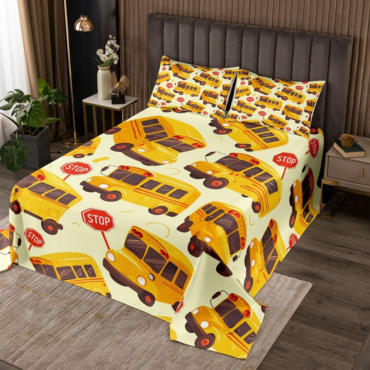 Erosebridal Kids School Bus King Size Bedspread, Cartoon Truck Quilt Set for Boys Girls Teens Youth Bedroom Decor, School Theme Bedding Set, Yellow Vehicle Coverlet