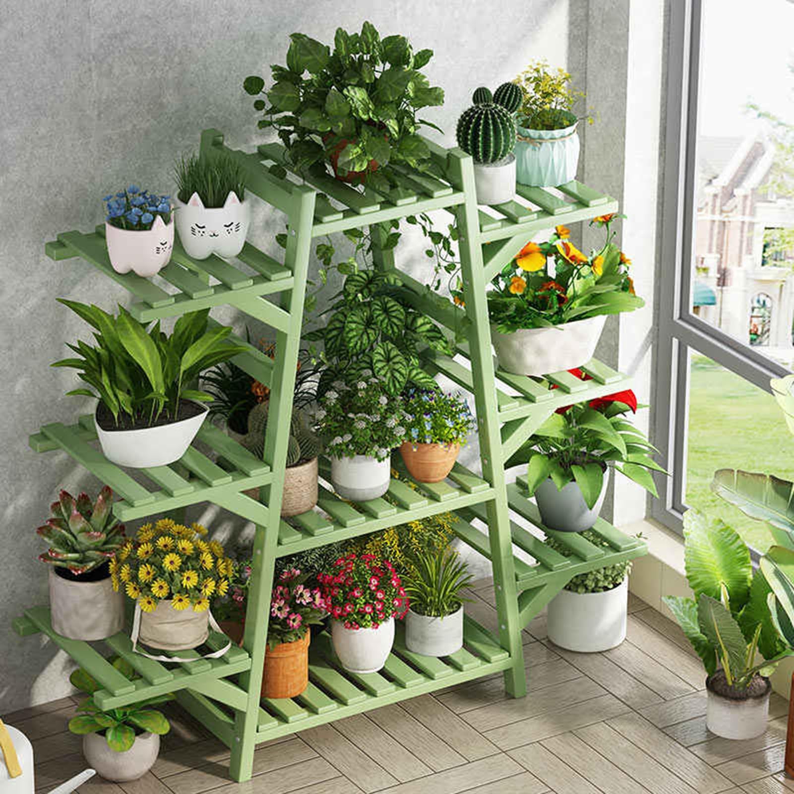 Generisch 12-Tier Solid Wood Plant Stand - Vertical Flower Rack for Indoor/Outdoor Garden - Space-Saving Storage Shelf with Green Trays for Home & Courtyard Decor