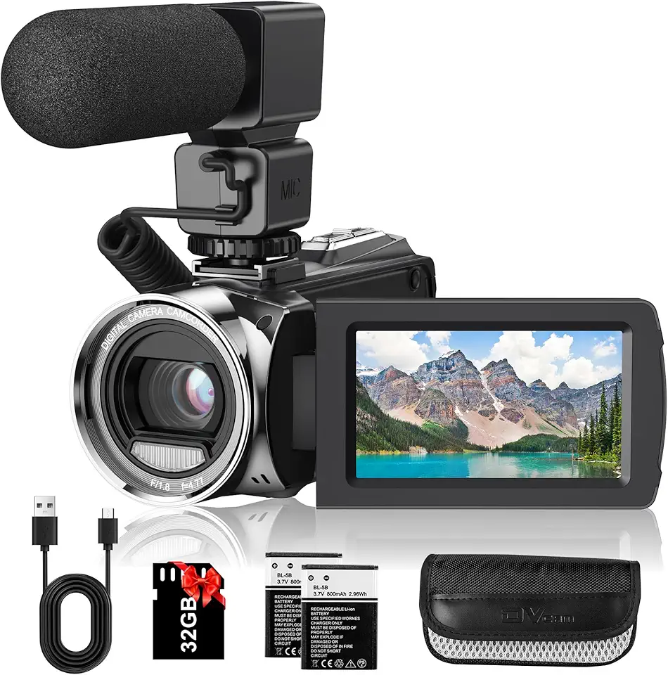 Filmadora de vídeo FHD 1080p 36MP YouTube Vlogging gravador de câmera 3.0 polegadas tela de rotação de 270 graus 18X câmeras de zoom digital com microfone, cartão SD de 32 GB e 2 baterias