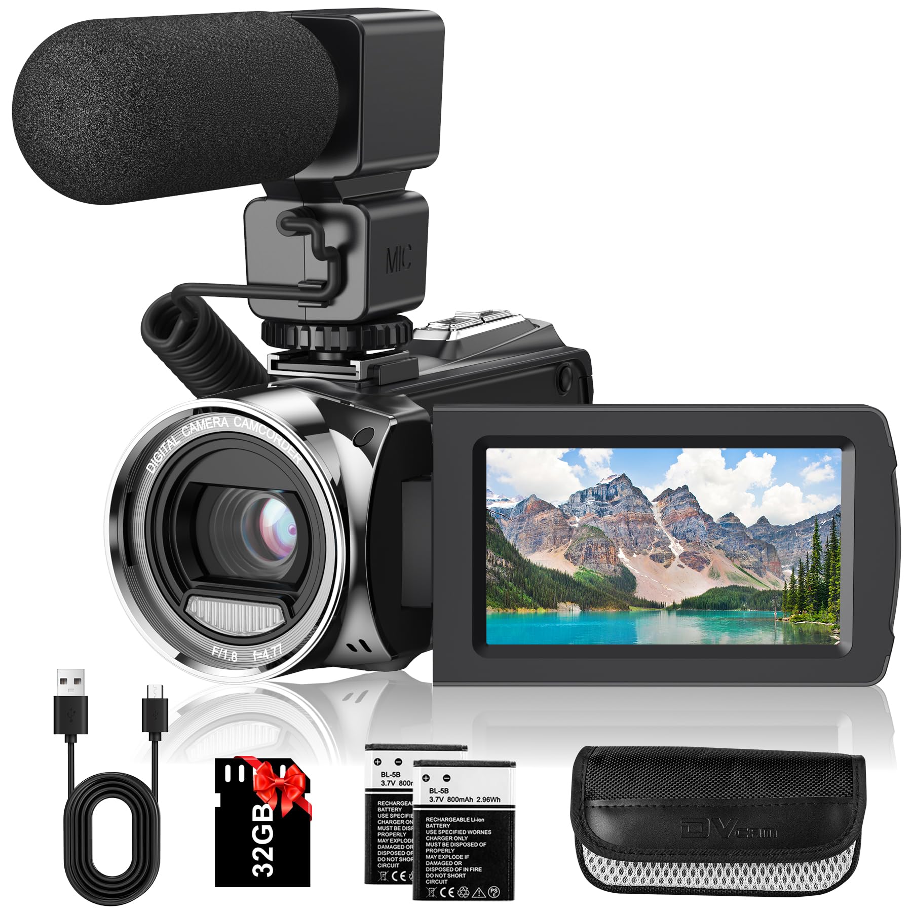 Video Camera Camcorder FHD 1080P 36MP YouTube Vlogging Camera Recorder 3.0 Inch 270 Degree Rotation Screen 18X Digital Zoom Camcorders with Microphone,32GB SD Card and 2 Batteries