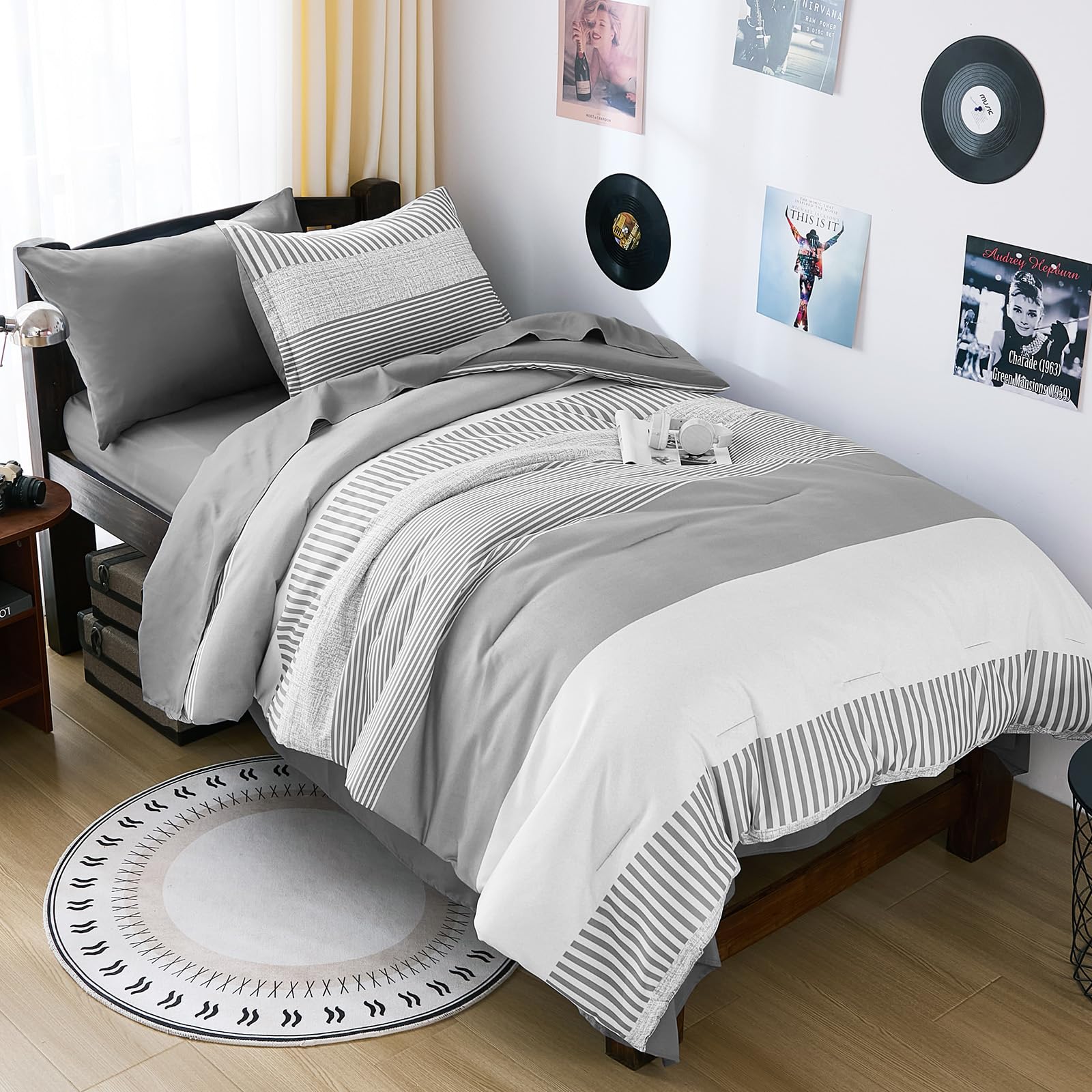Twin Comforter Set,Classic Striped Design Comforter Set 5 Pieces,Gray Bedding Sets for College,Simple Neutral-Style Comfortable Comforter Set for Dorm