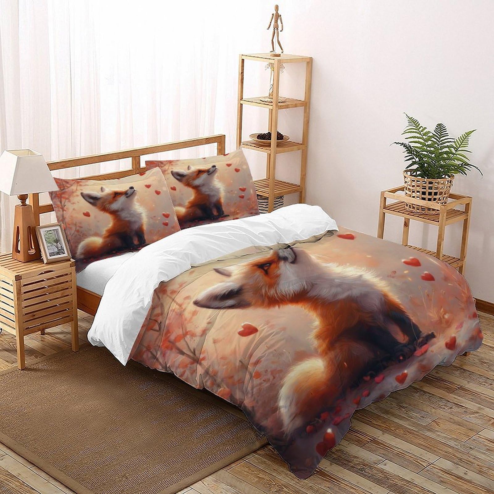 Fox Hearts Bedding Set 3D Digital Printing Animal Themes Wildlife Duvet Cover 3 Pieces Set Chic Breathable Quilt Cover Universal for All Seasons with Pillow Super King（260x220cm）