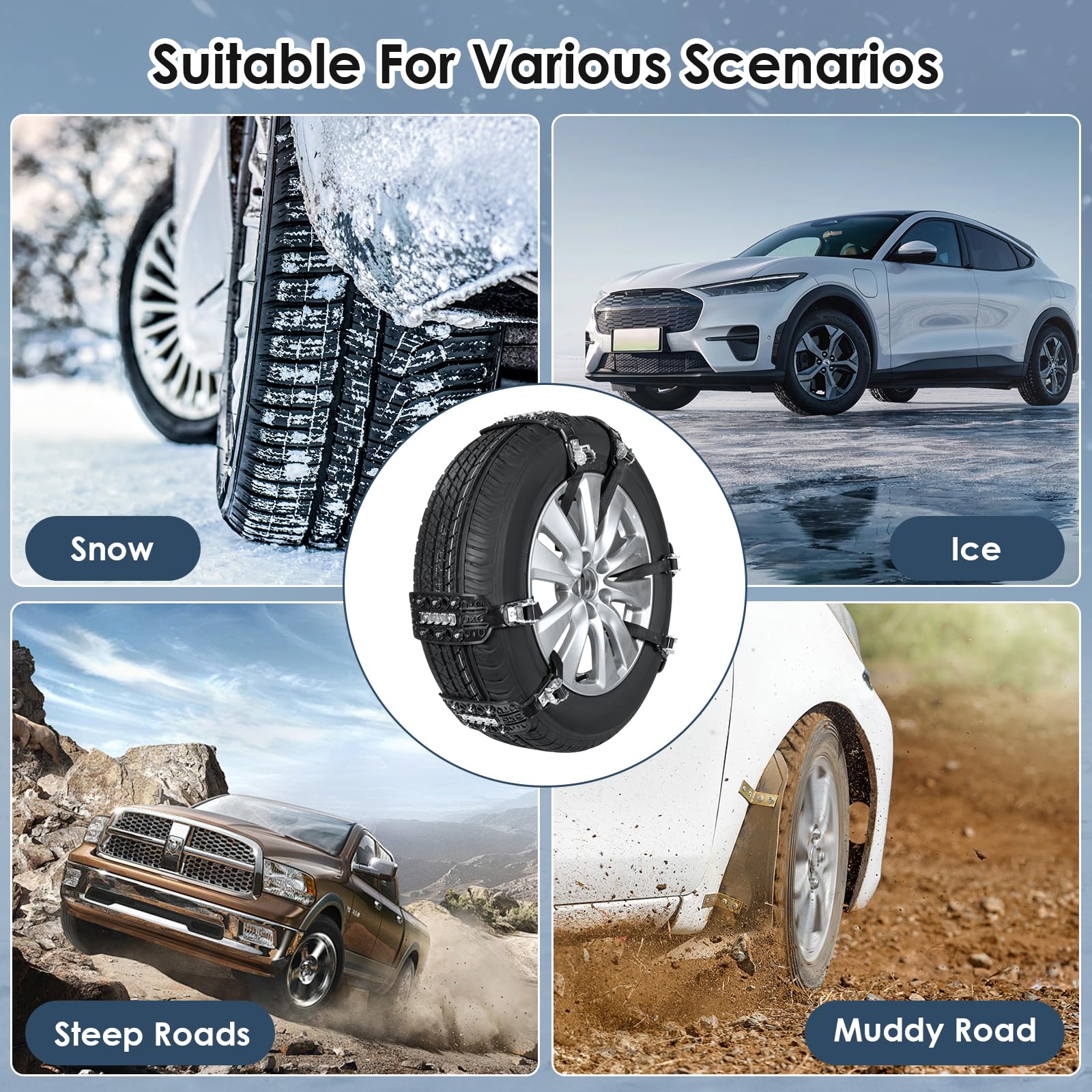 Catene da Neve Antiscivolo 6 PCS con Un Raschietto per Ghiaccio per Tutti i Veicoli Materiale ad Alta Prestazione Inserti Metallici Installazione Facile e Veloce 165mm-275mm