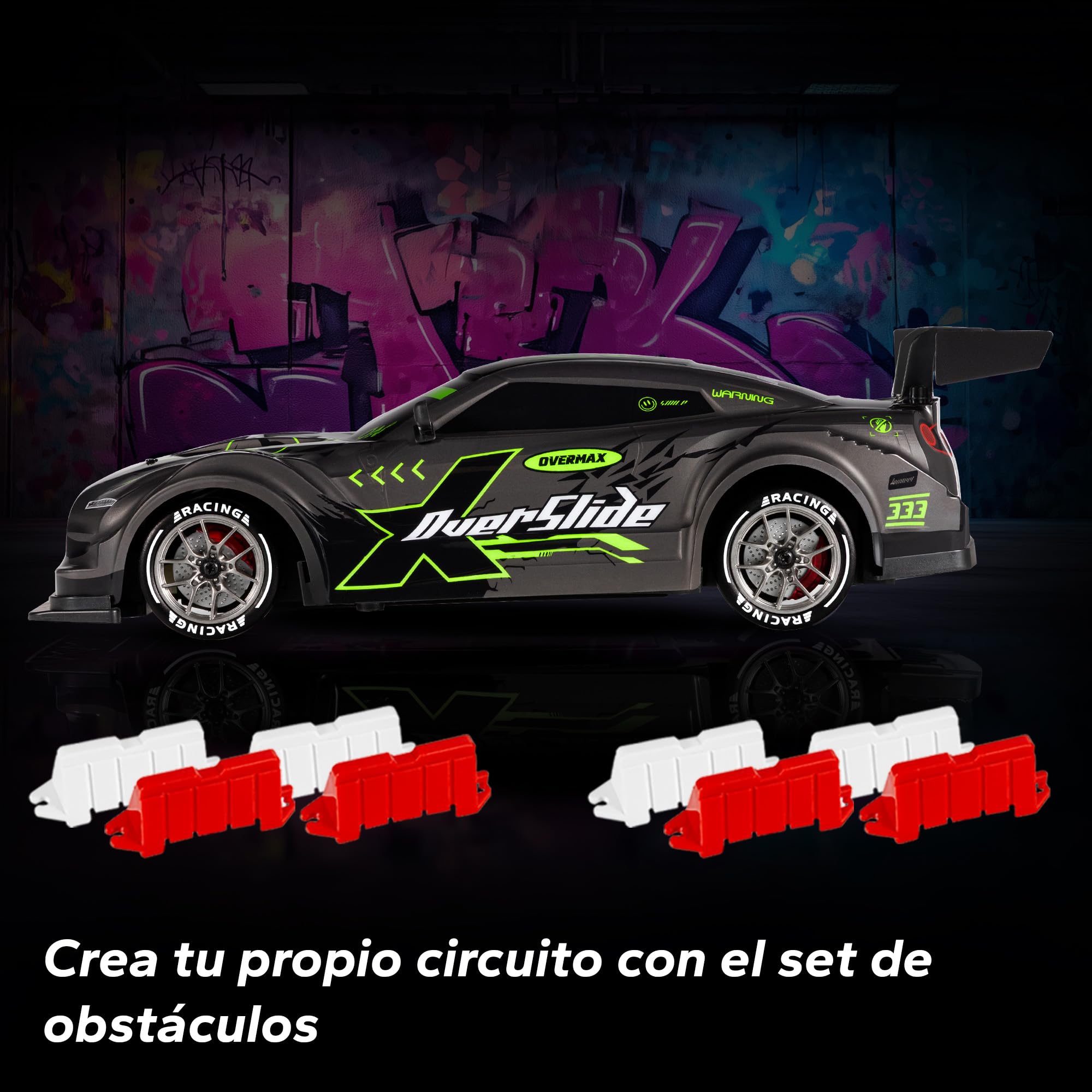 Overmax X-OVERSLIDE Coche RC teledirigido para Drift, Auto para Niños 8+, 1:16, 20 km/h, Alcance de hasta 80 m, Tracción 4WD, 2 Baterías de 500 mAh, Juego de Llantas y Obstáculos, Carcasa Adicional