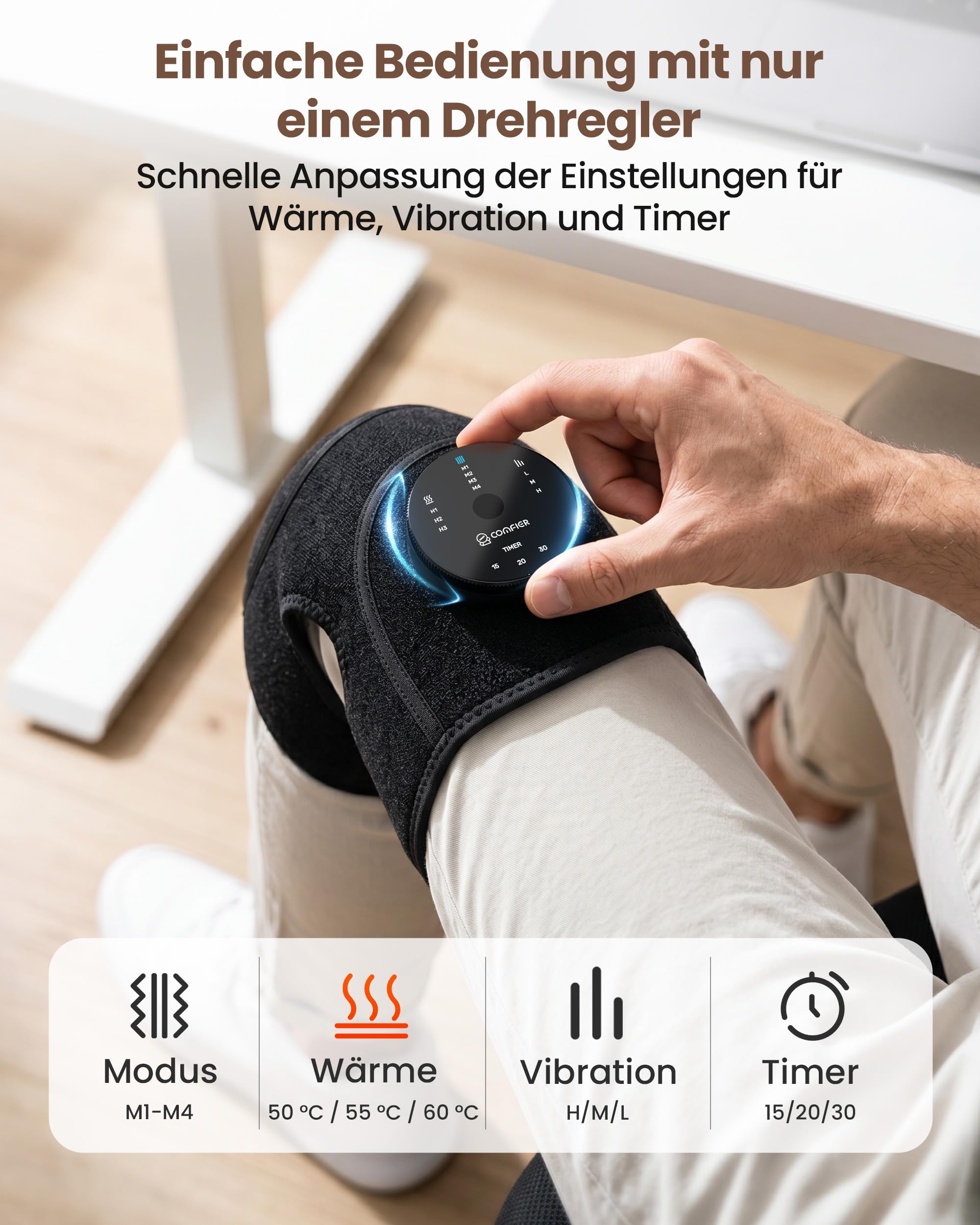 COMFIER 3-in-1 Kabelloses Knie-Massagegerät mit verbesserter Graphenheizung | 4 Vibrationsmodi & 3 Heizstufen, 2500mAh Akku, Für Knie, Ellenbogen & Schultern, Geschenk für Männer und Frauen
