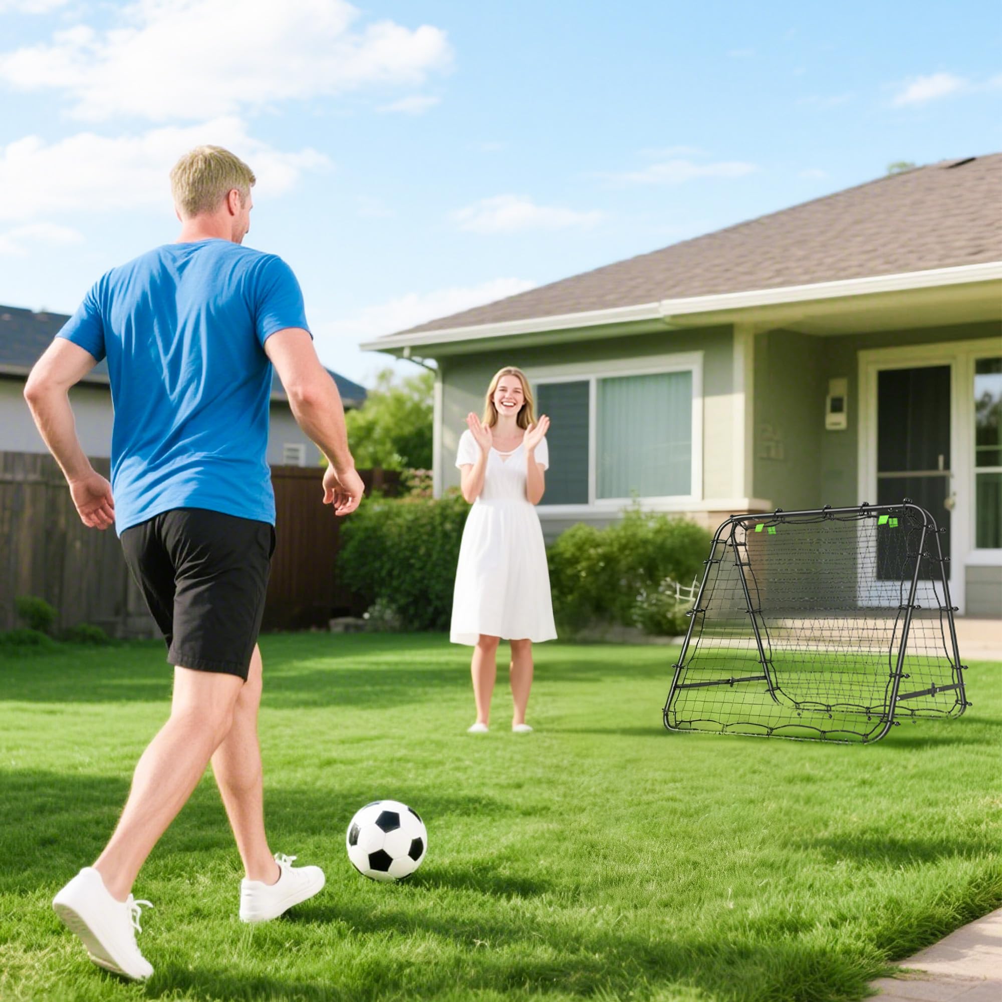 HOMCOM Filet de Rebond Double Face 91 x 91 cm, Filet de Rebond Football Pliable, rebondisseur pour entraînement Football, réglable dans 5 Angles, Structure en Acier