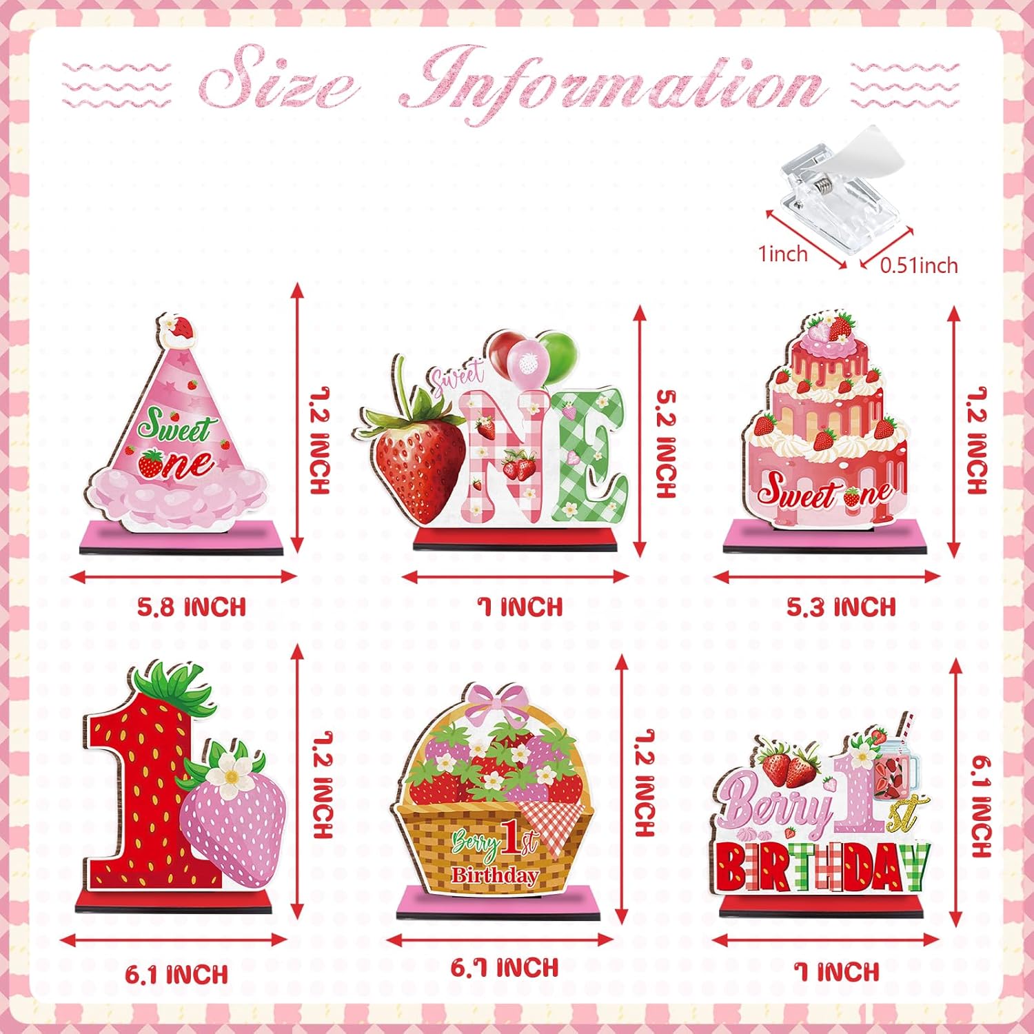 QICI Berry First Birthday Decor - 6PCS Sweet One Pink Strawberry 1st Birthday Decorations - Wooden Table Centerpiece with Photo Clips - Baby Girl