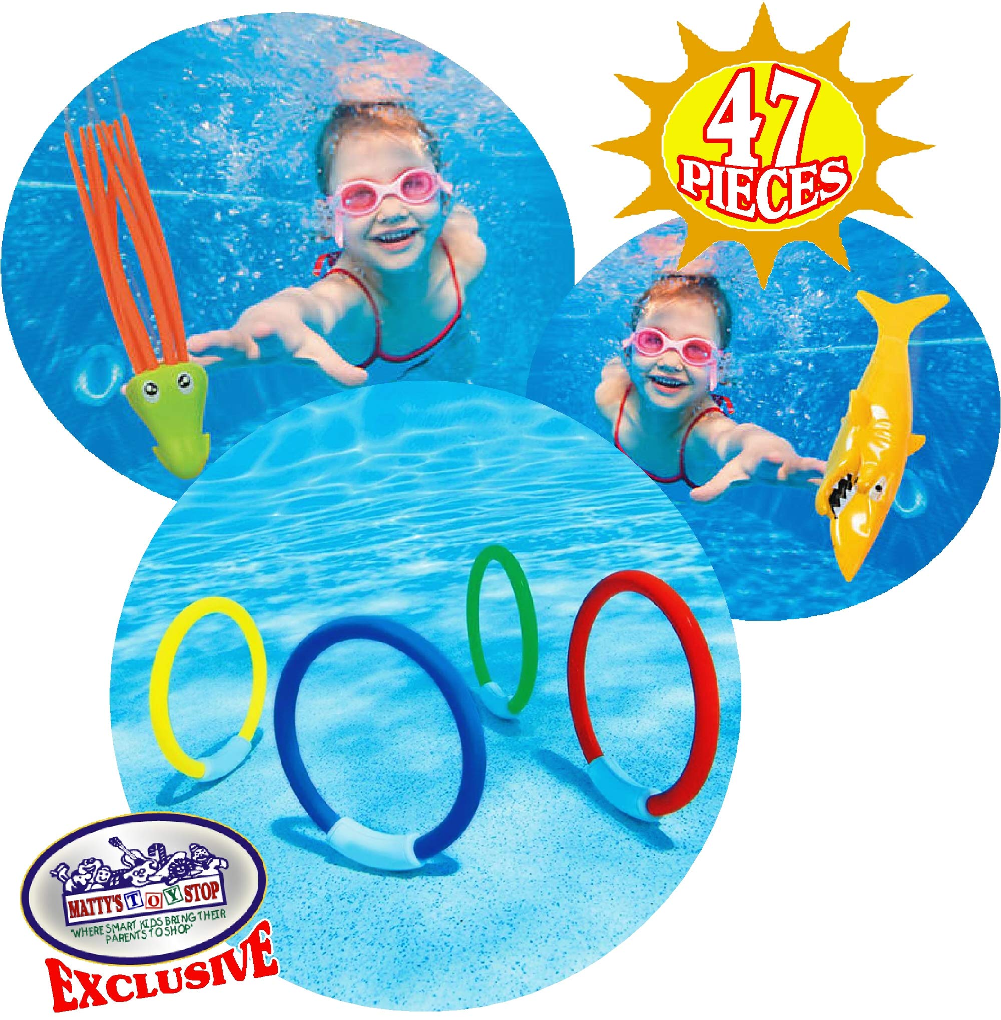 Matty's Toy Stop 47 Piece Super Ultimate Dive Set for Diving/Swimming Pools Featuring Dive Sticks, Dive Rings, Gems, Balls, Fish, Torpedo, Shark, Octopus, Jellyfish, Fishing Nets & Bonus Storage Bag - Image 8