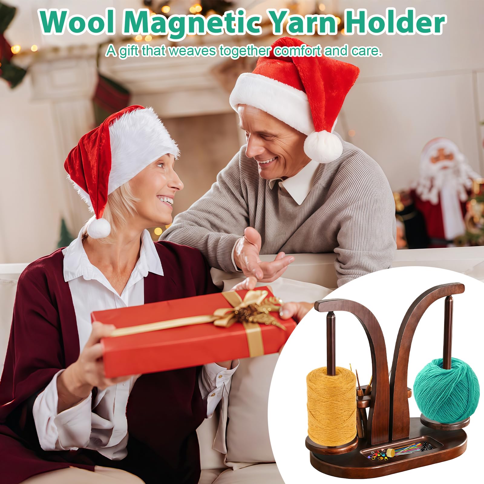 Porta Gomitolo Uncinetto in Legno, Doppia Asta Svolgitore di Lana Magnetico Rotante a 360°, Organizer per Accessori con Porta Cellulare, Idea Regalo per Appassionati di Maglia